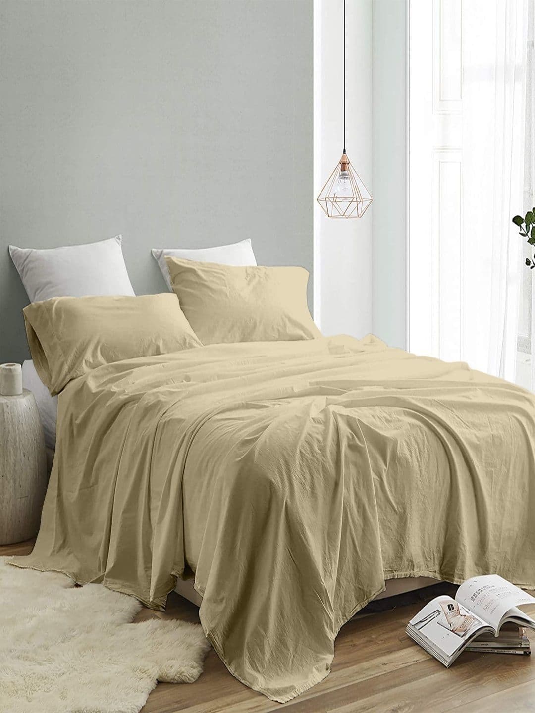 Sangria Khaki Color 300 TC King Double Bedsheet With 2 Pillow Covers-2.74 m x 2.74 m - view 1
