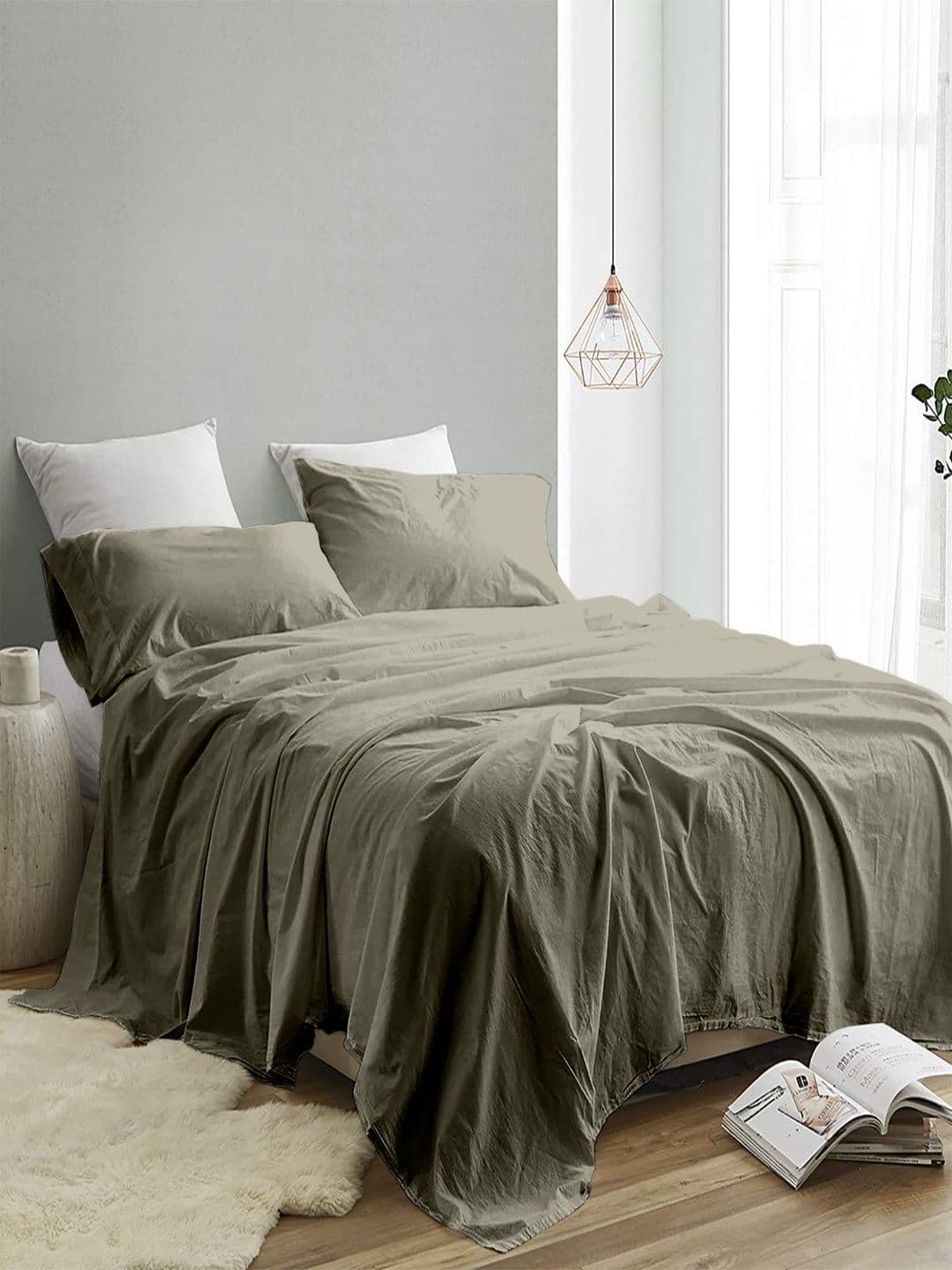 Sangria Olive Color 300 TC King Double Bedsheet With 2 Pillow Covers-2.74 m x 2.74 m - view 1