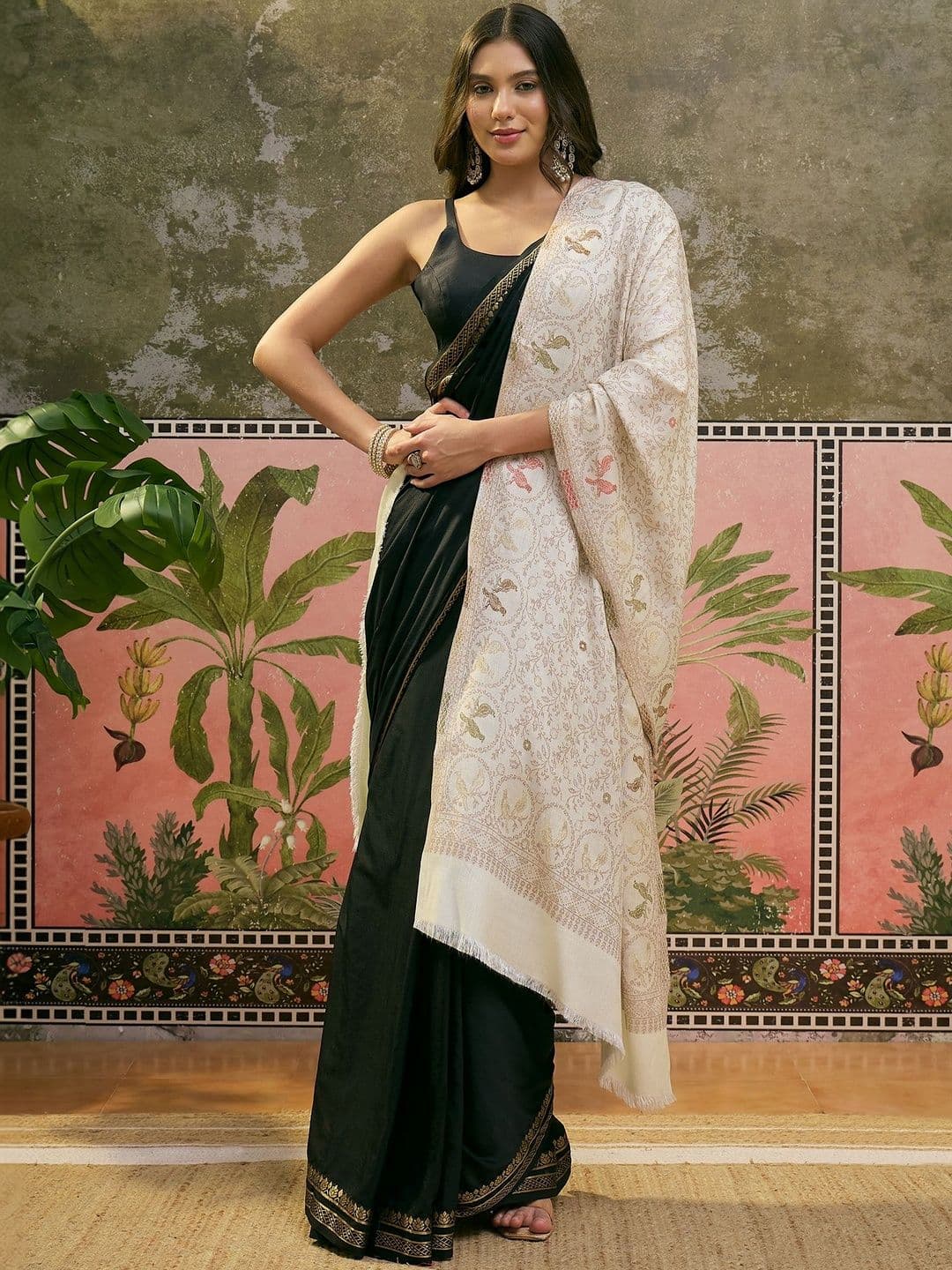 Sangria Pashmina Ethnic Black Floral Woolen Shawl - view 1