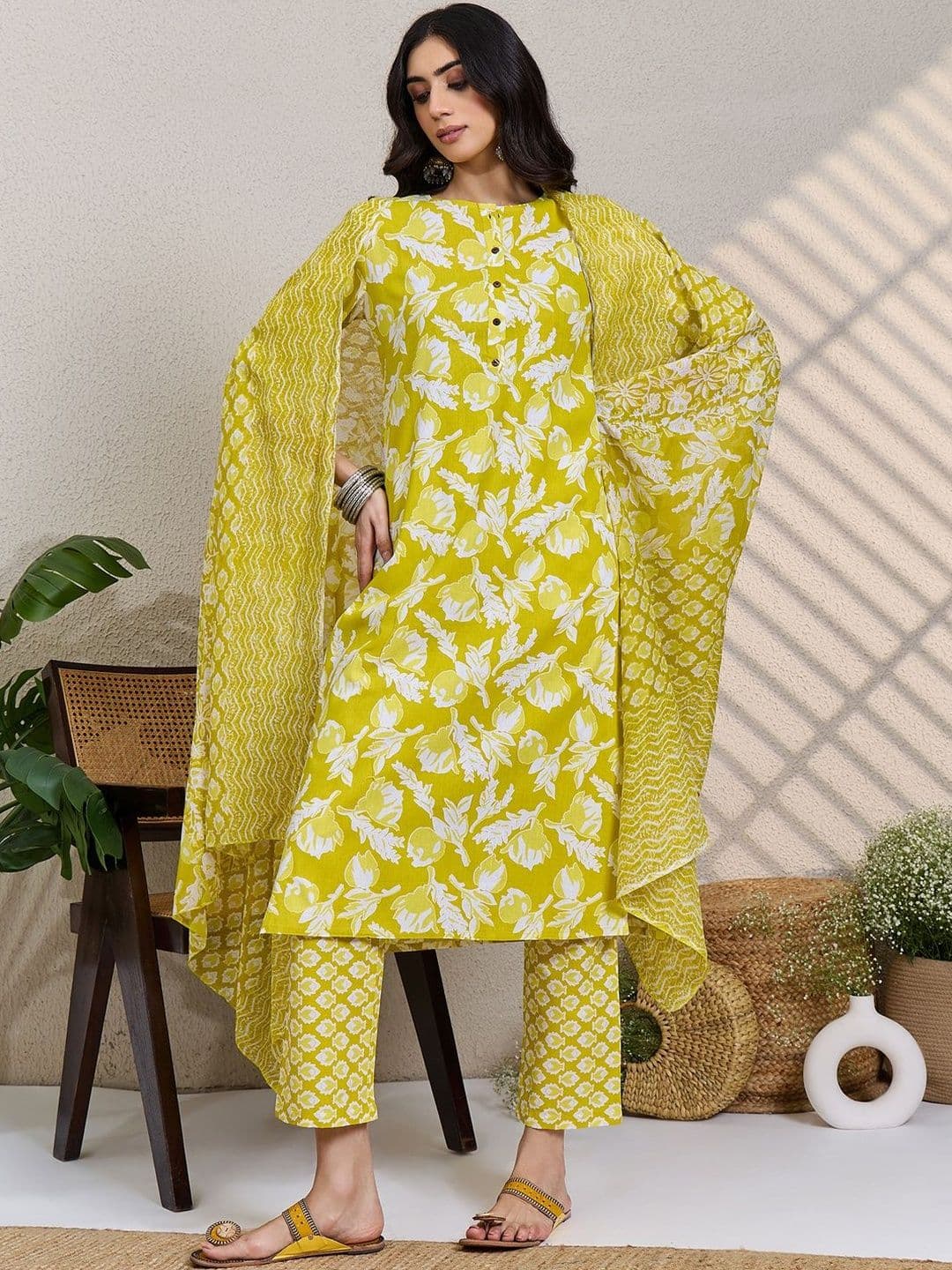Indo Era Women Floral Printed Regular Pure Cotton Kurta with Trousers & With Dupatta - view 1