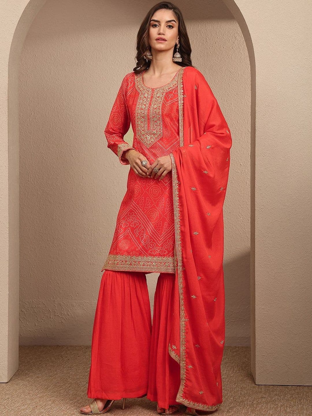 Libas Women Ethnic Motifs Printed Regular Thread Work Kurta with Sharara & With Dupatta - view 1