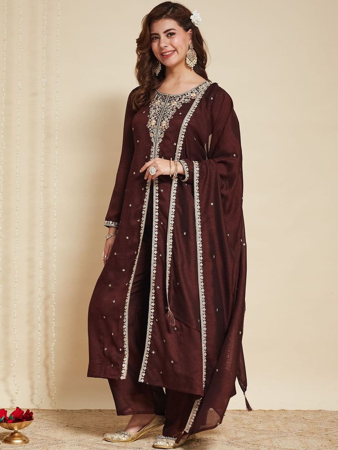 MOKOSH Women Silk Embroidered Anarkali Kurta and Pant with Dupatta Set - view 1