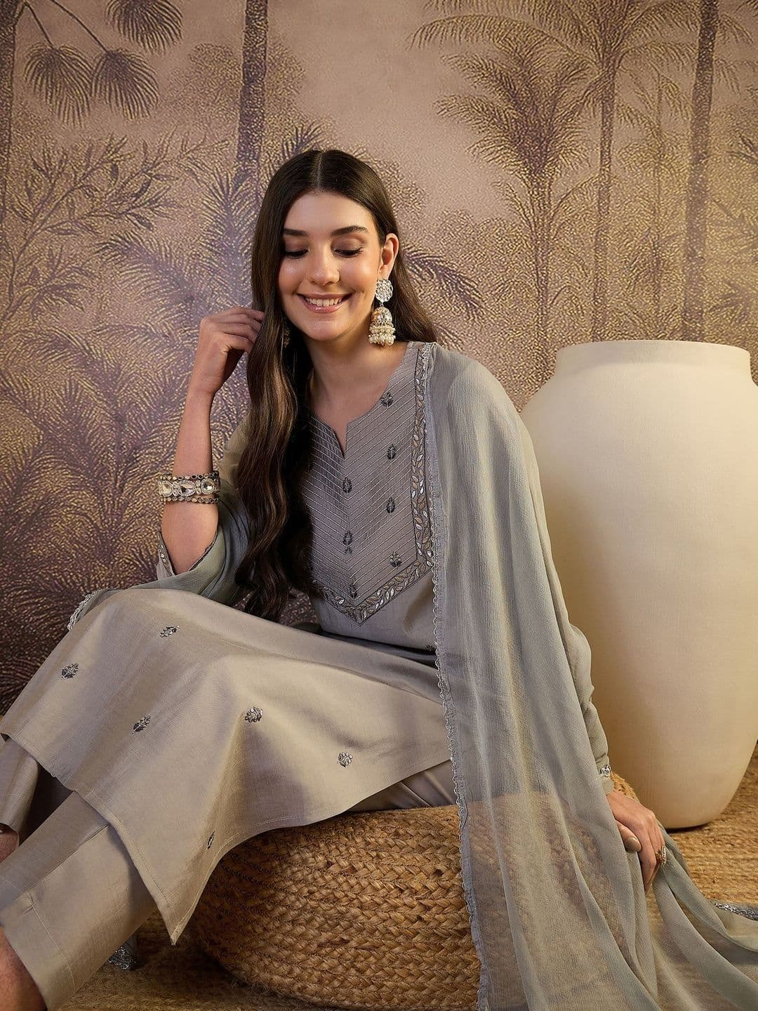 Sangria Embroidered Round Neck Kurta & Trousers With Dupatta - view 1