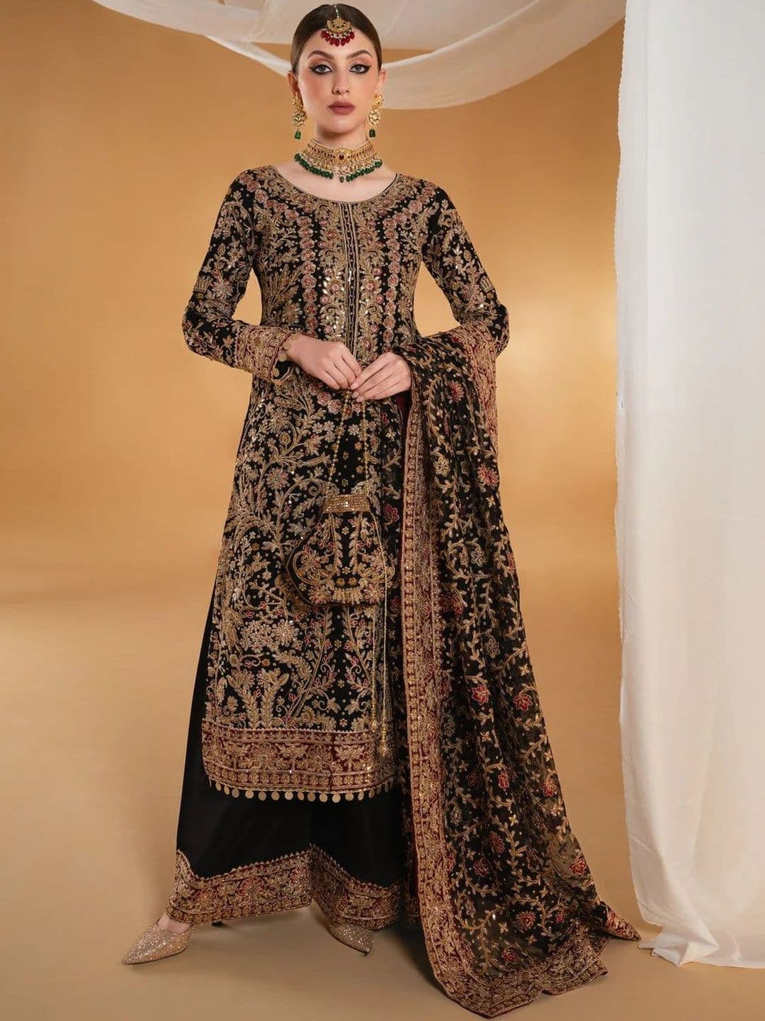 ELIINDRA Women Black Heavy Embroidered Georgette Kurta Sharara Set - view 1