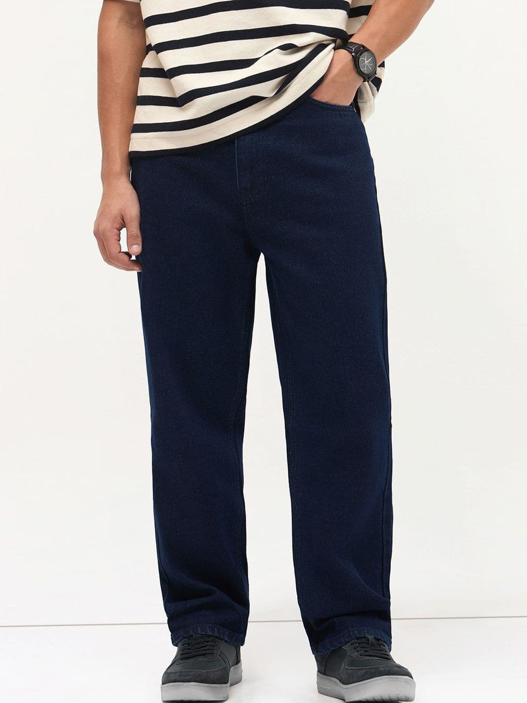 Urbano Fashion Loose Non Dark Blue Heavy Fade Mid-Rise Baggy Fit Stretchable Jeans - view 1