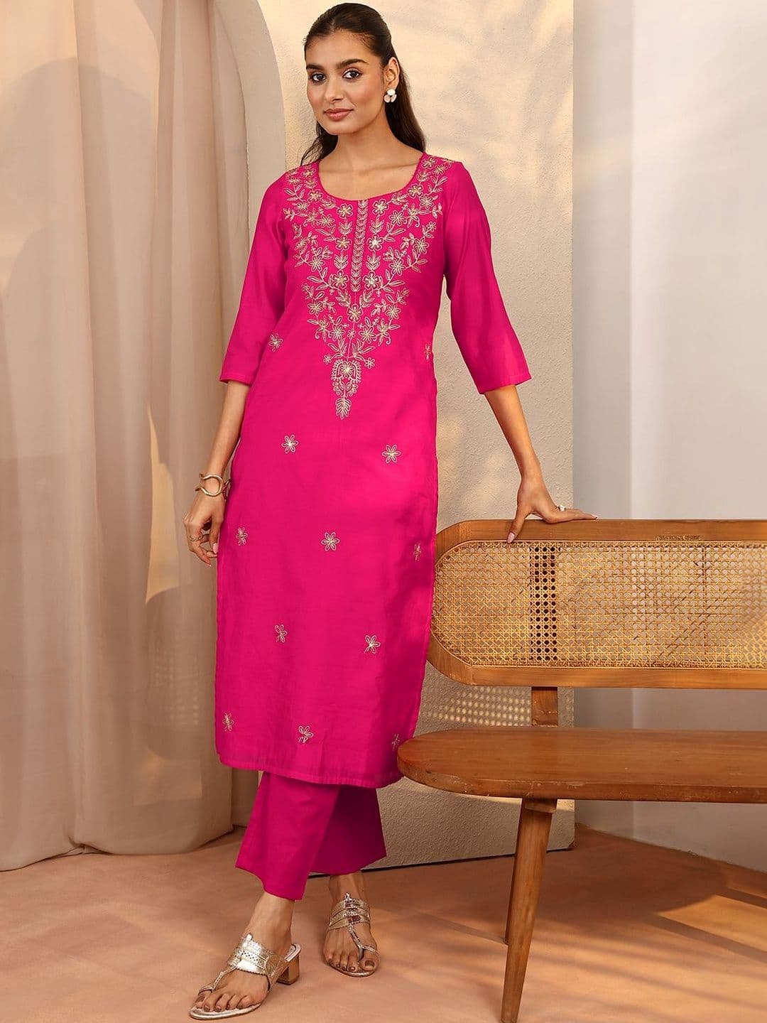 Libas Women Floral Embroidered Mirror Work Chanderi Silk Kurta - view 1