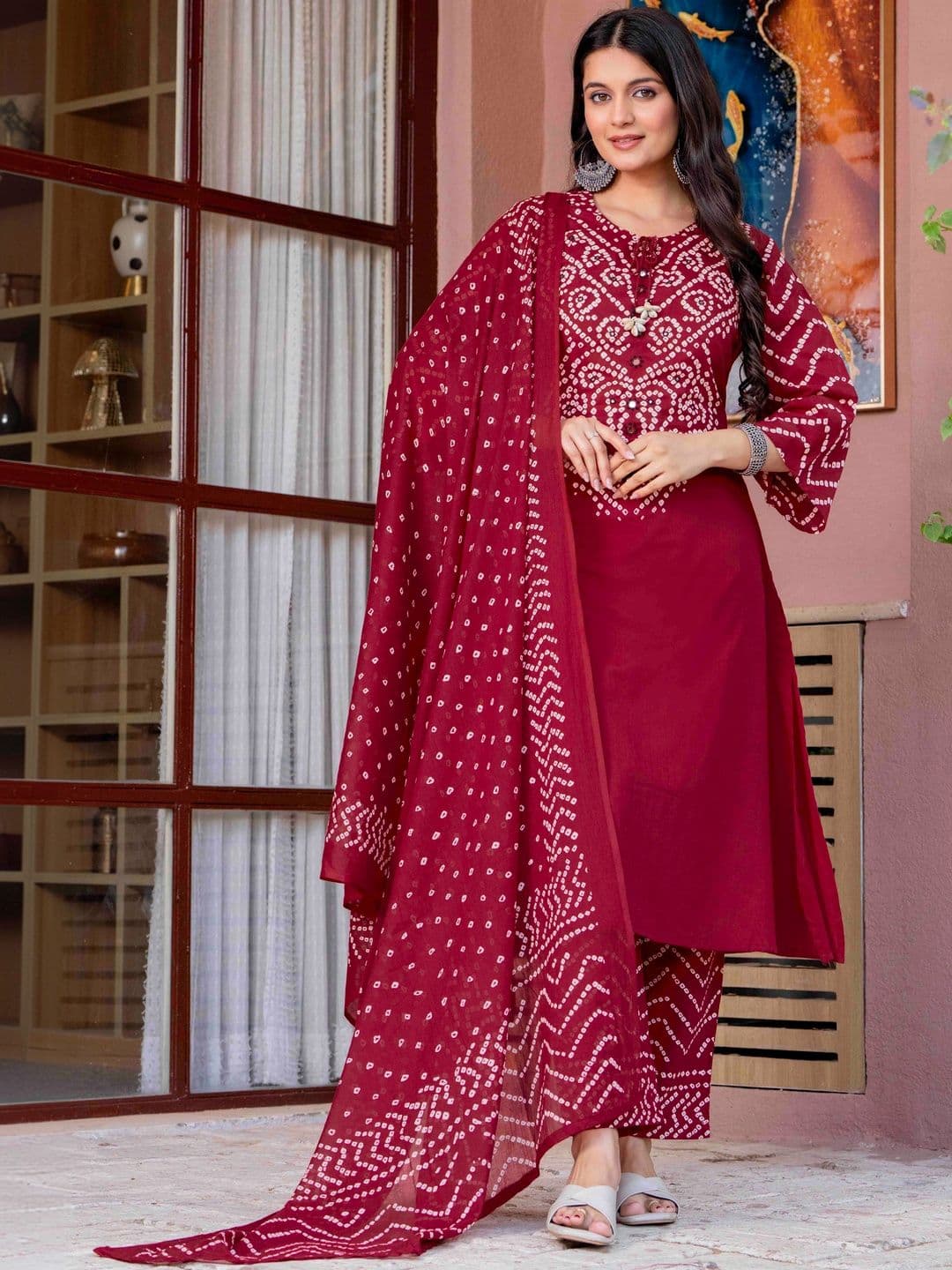 Pistaa Women Bandhani Printed Regular Pure Cotton Kurta with Trousers & With Dupatta - view 1