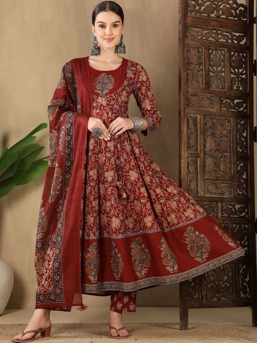 FebQ Women Floral Printed Panelled Sequinned Pure Cotton Kurta with Trousers & With Dupatta - view 1