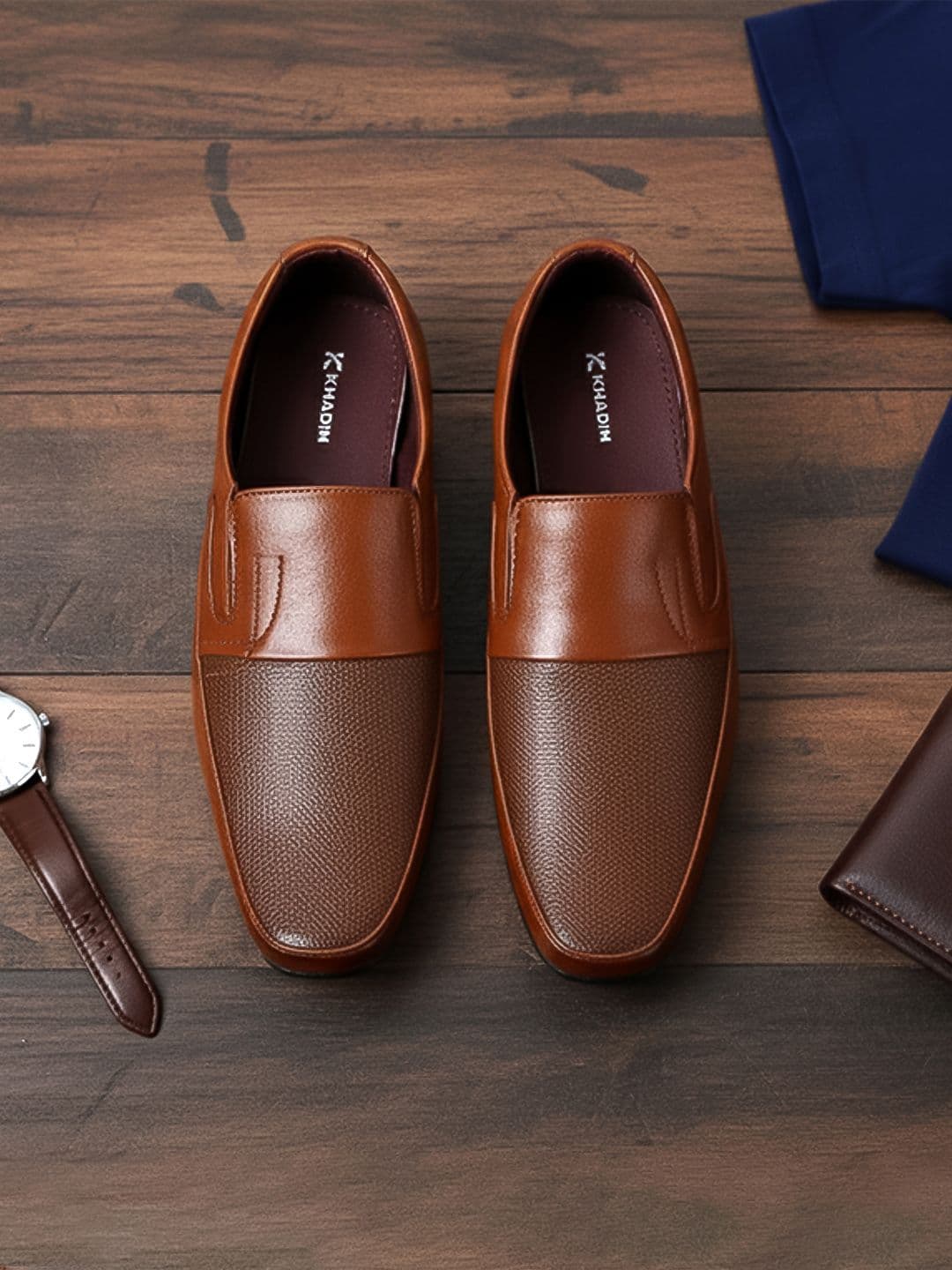 Khadims Men Tan Solid Leather Formal Slip-Ons - view 1