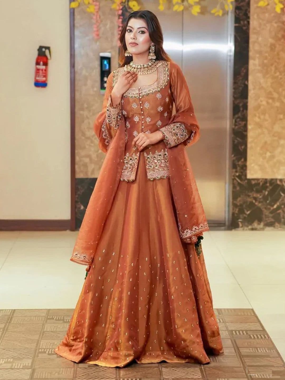 Piludi Ethnic Motifs Embroidered Thread Work Chanderi Silk Kurta with Skirt & Dupatta - view 1