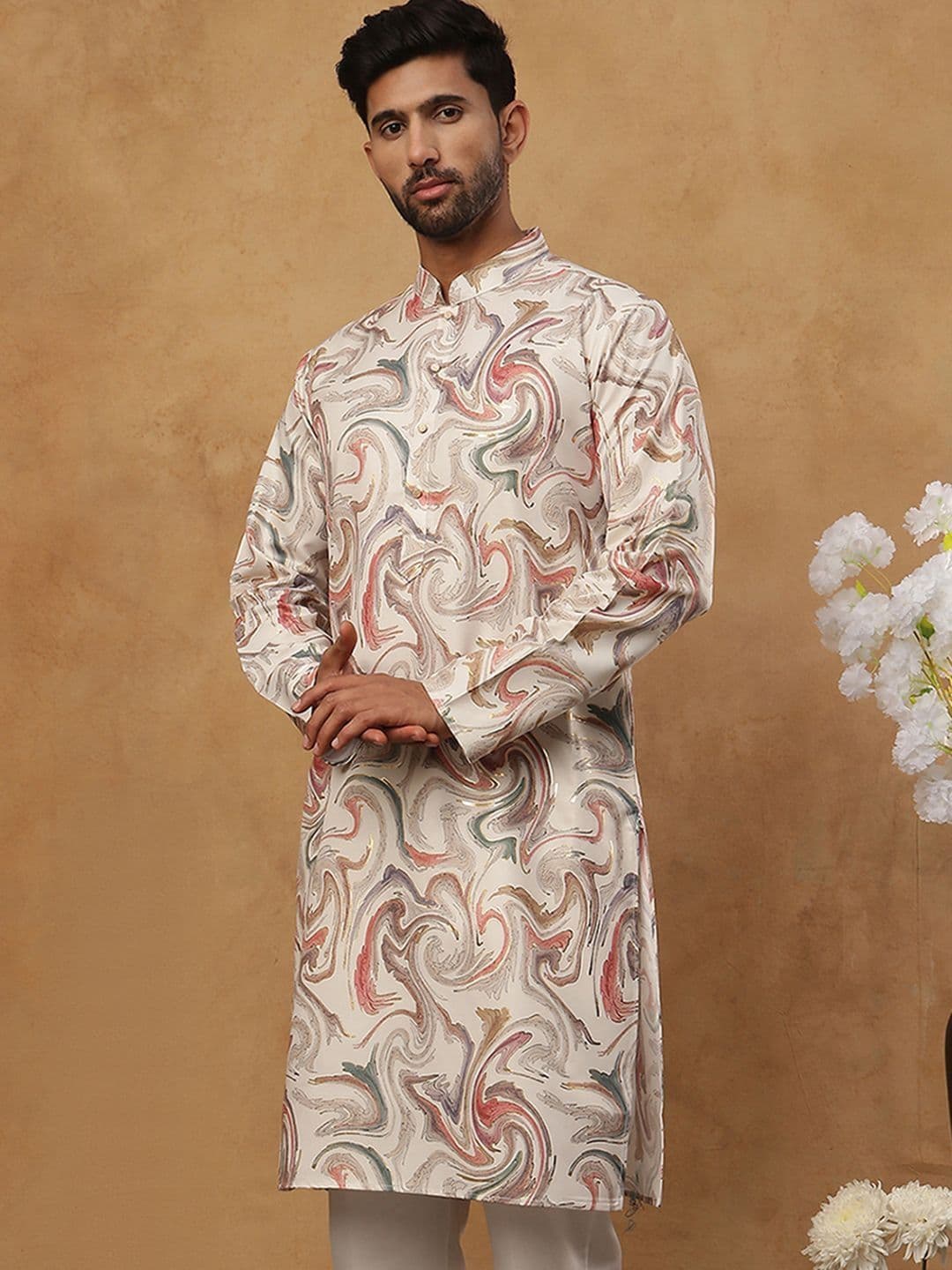 House of Pataudi Printed Mandarin Collar Knee Length Straight Kurtas - view 1