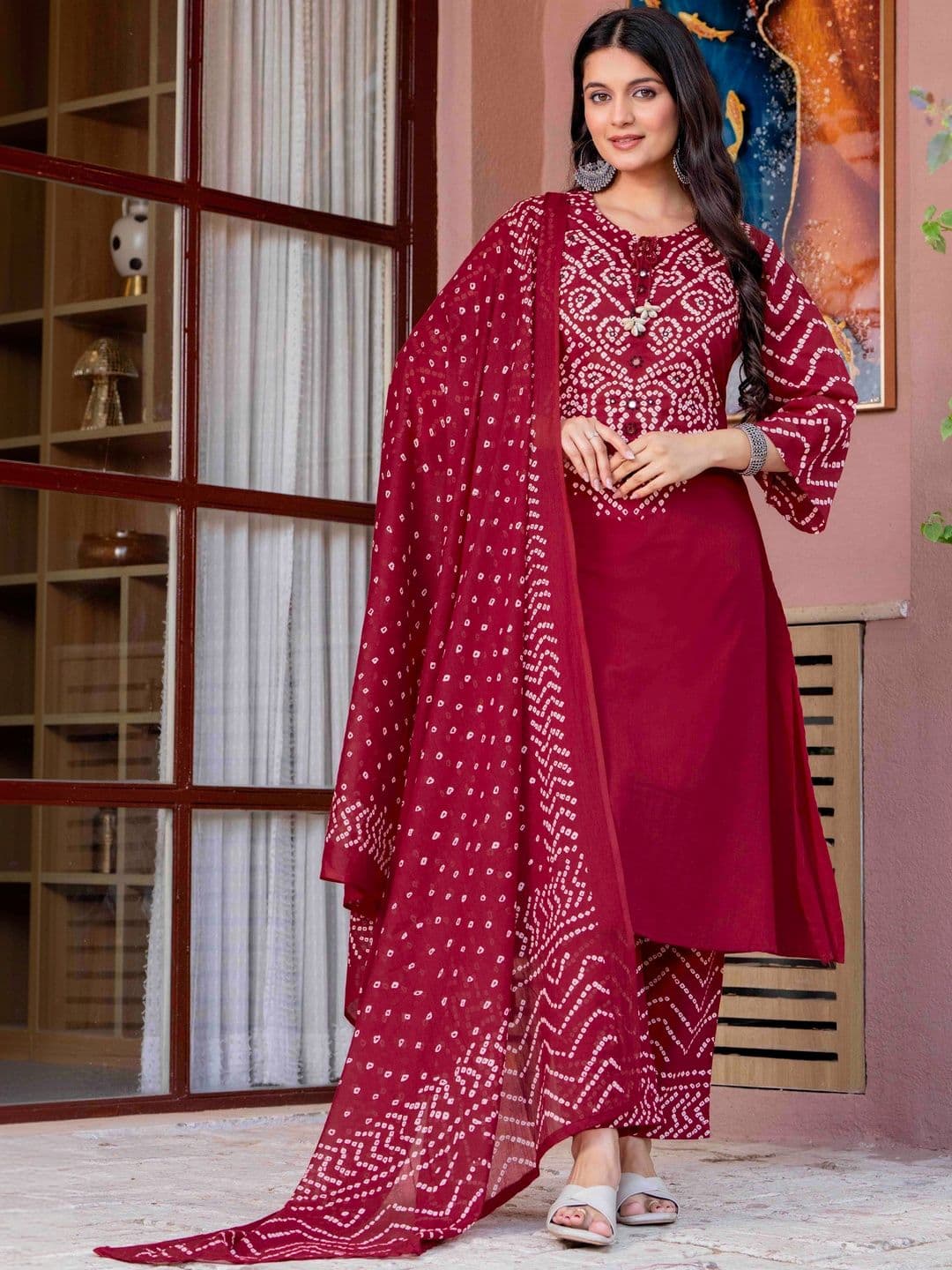 Pistaa Women Bandhani Printed Regular Mirror Work Pure Cotton Kurta with Trousers & With Dupatta - view 1