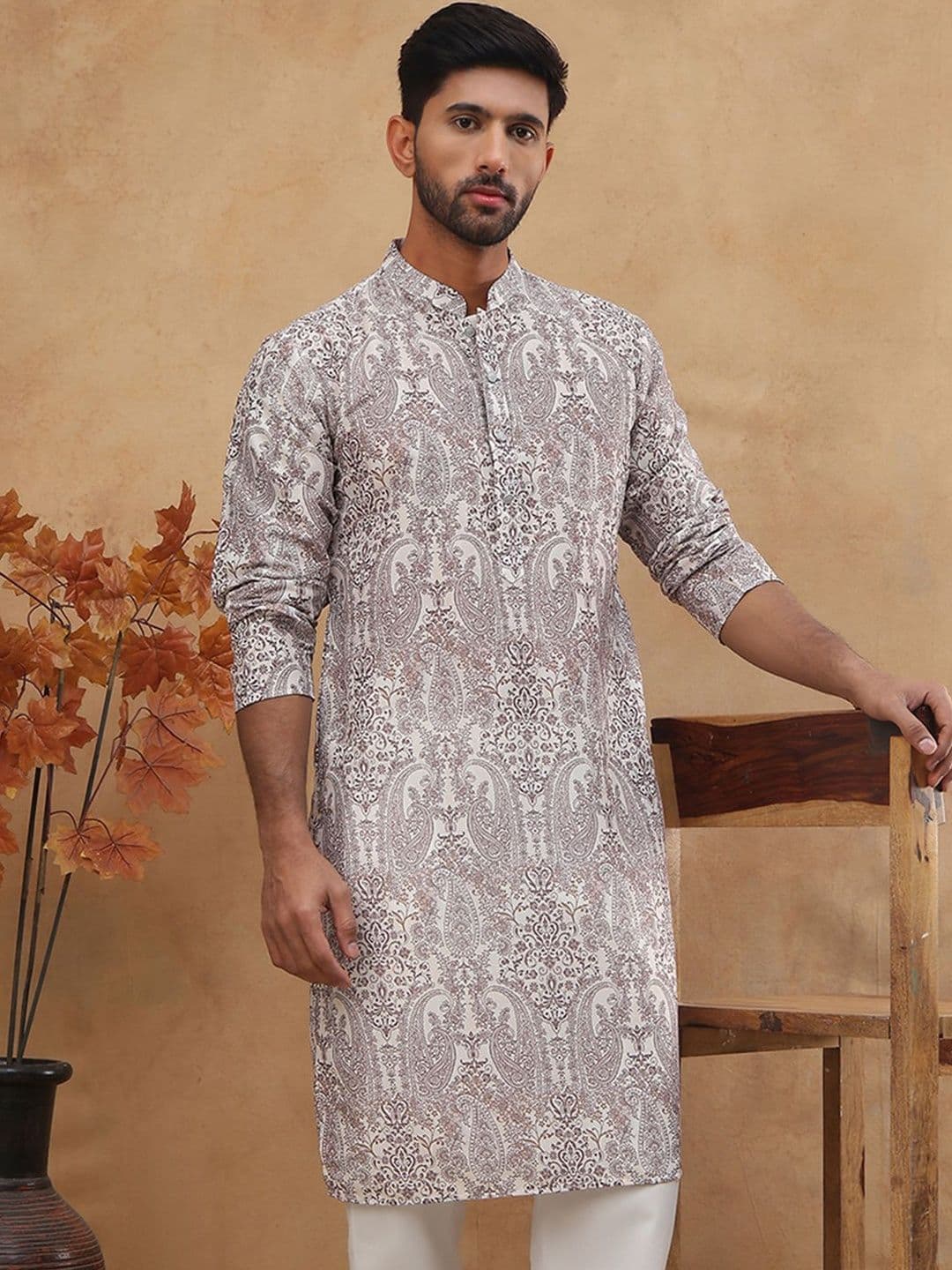 House of Pataudi Printed Cotton Mandarin Collar Knee Length Straight Kurtas - view 1