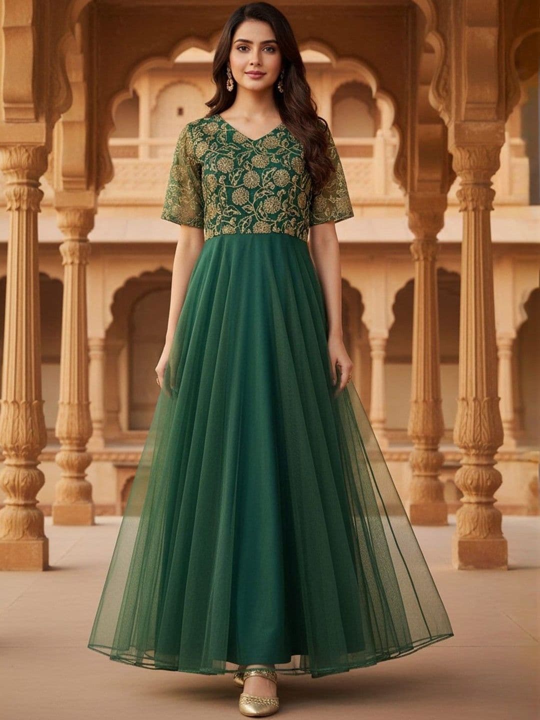 Inddus Thread & Sequinned Embroidered Gown Ethnic Dress - view 1