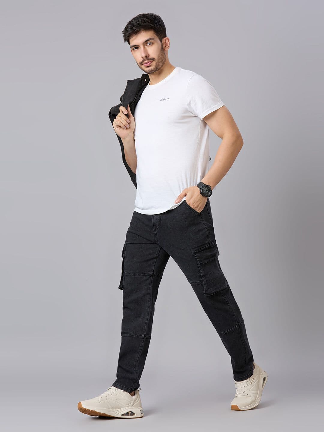 Style Quotient Men Comfort Relaxed Fit Mid-Rise Light Fade Stretchable Cargo Jeans - view 1