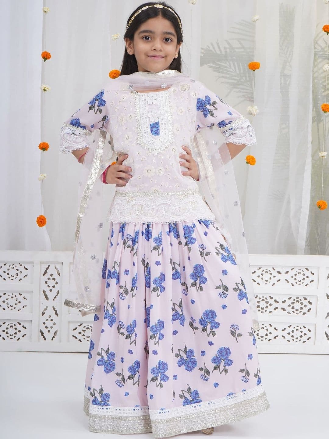 Little Bansi Embroidered Muslin Thread Work Lehenga Choli With Dupatta - view 1