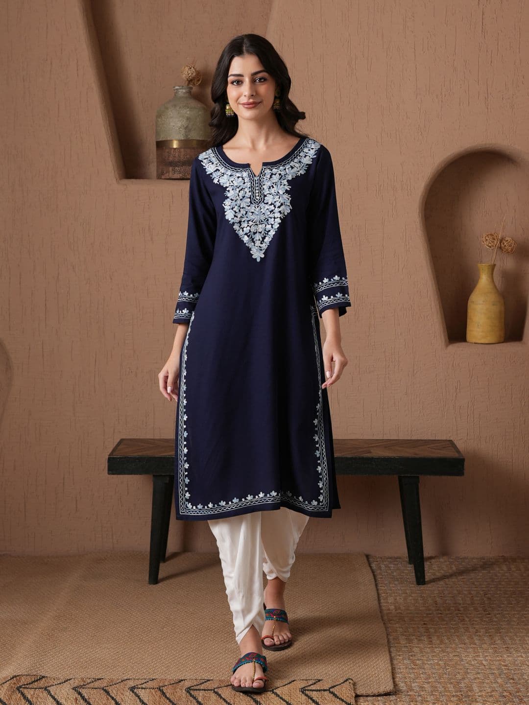 QAZMI Women Aari Embroidered Viscose Rayon Keyhole Neck Kurta - view 1