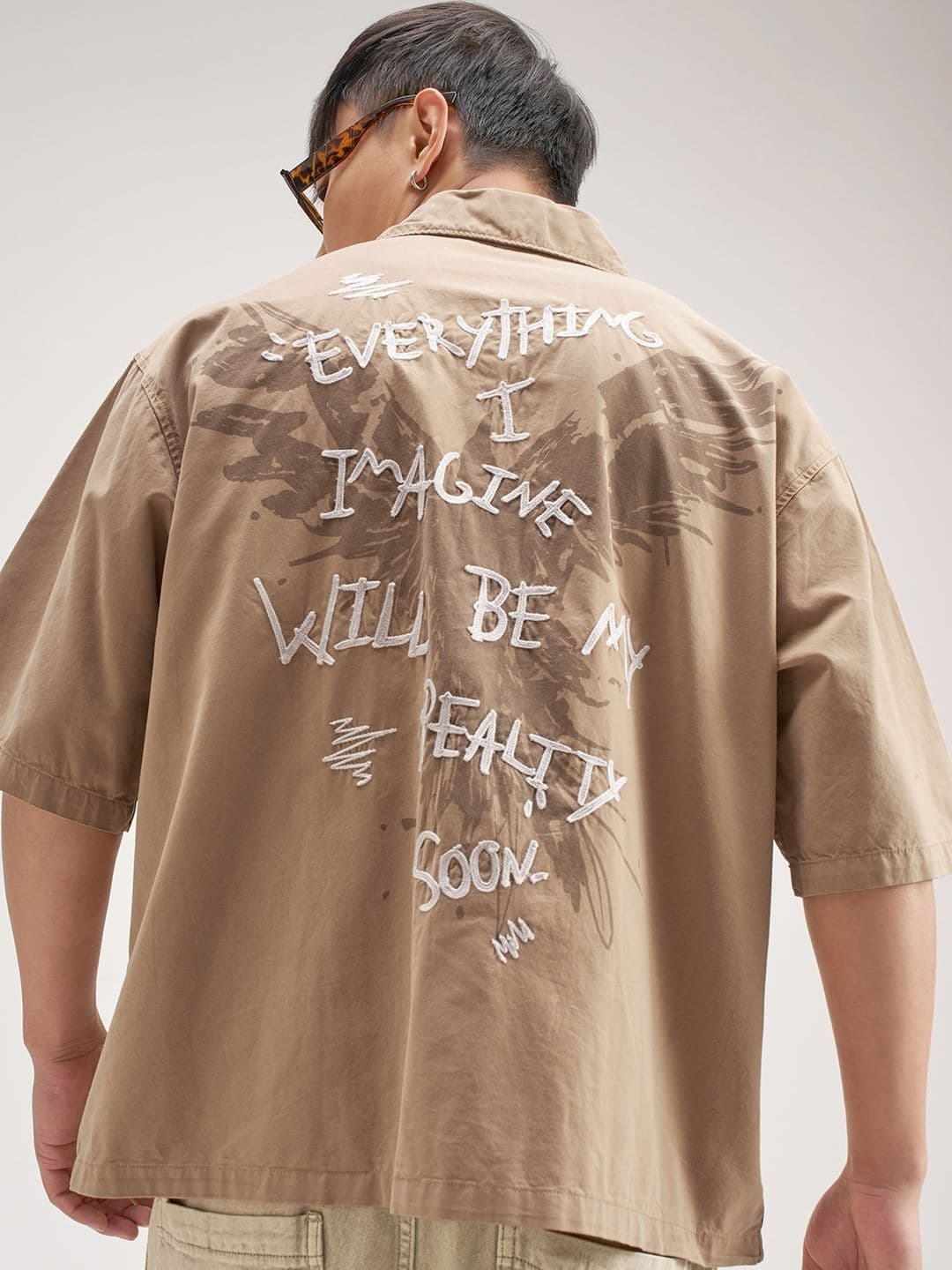 Highlander Men Khaki Smoke Wash Over Dyed Boxy Shirt - view 1