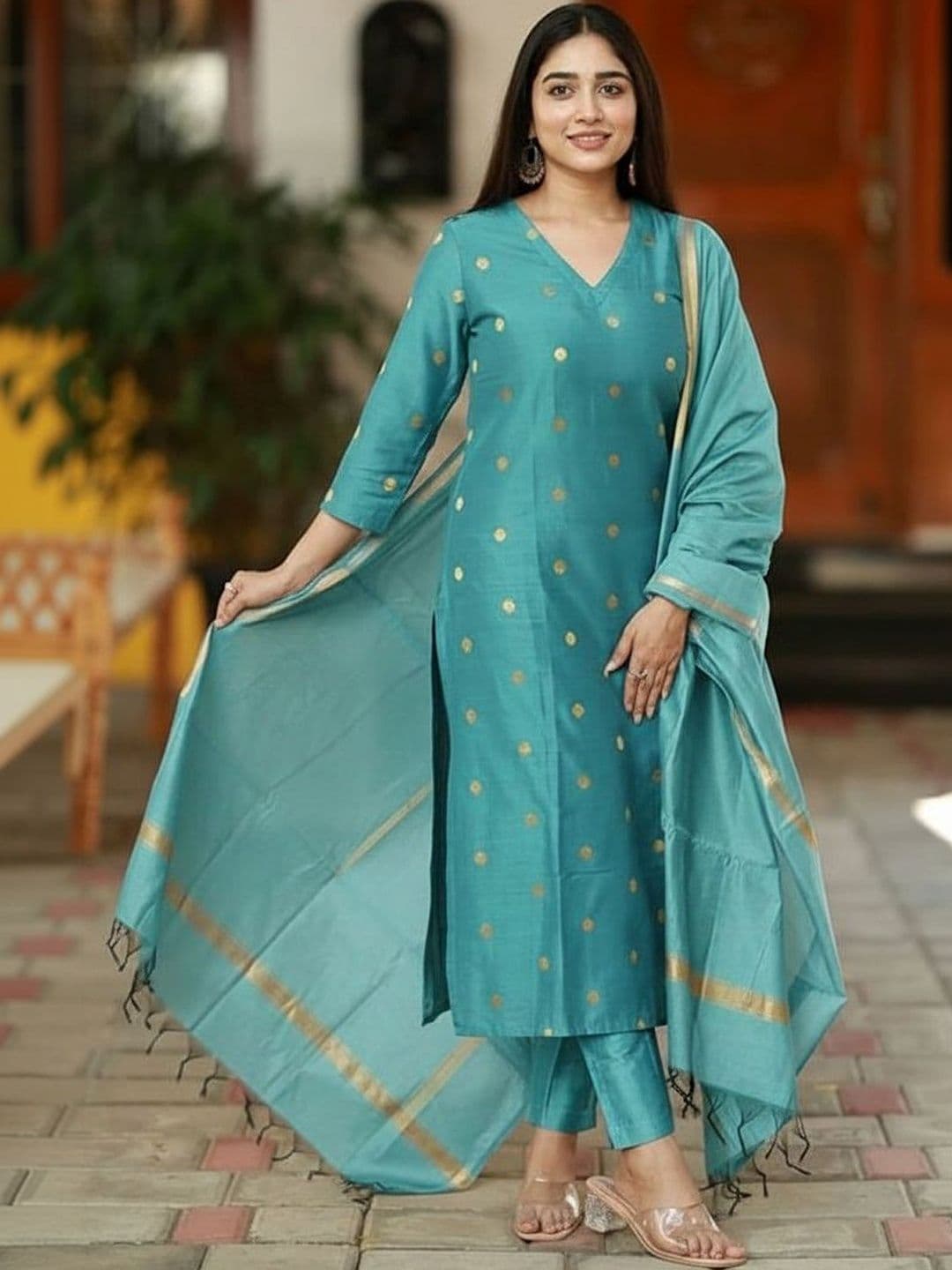 GoSriKi Women Floral Printed Regular Kurta with Trousers & With Dupatta - view 1