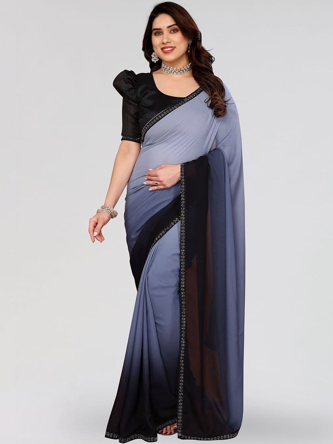 STYLE MODA Ombre Sequinned Poly Georgette Saree - view 1