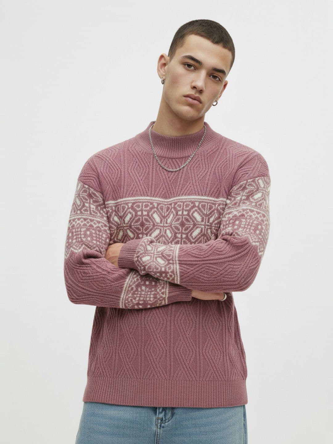 glitchez Geometric Self Design High Neck Relaxed Fit Pullover - view 1