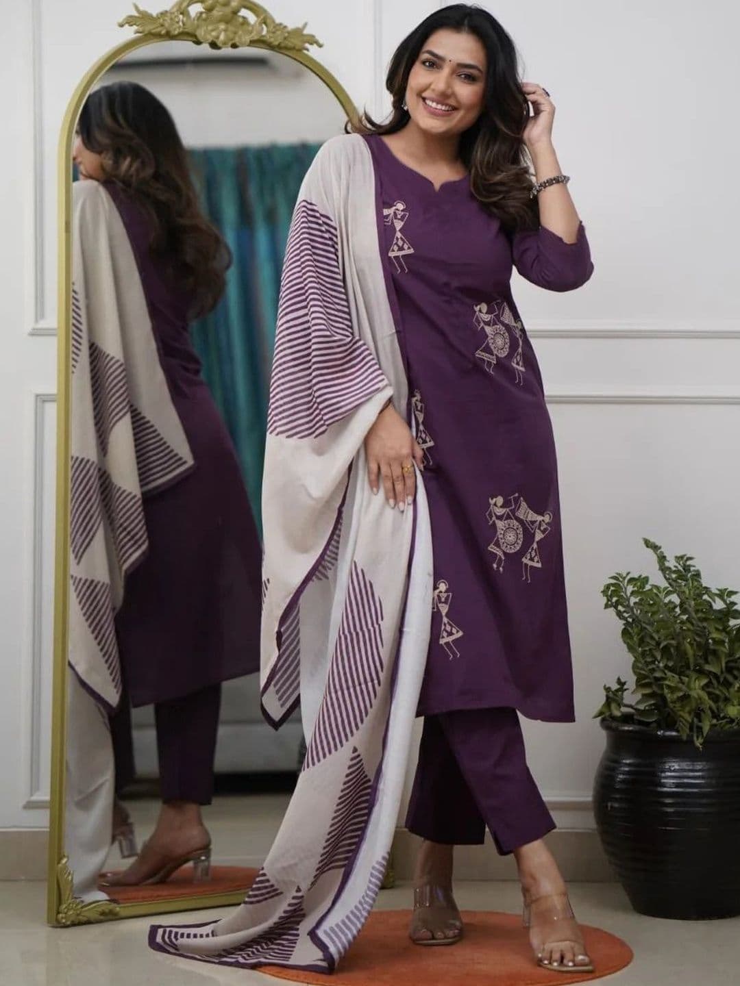 HERE&NOW Women Printed Regular Kurta with Trousers & With Dupatta - view 1