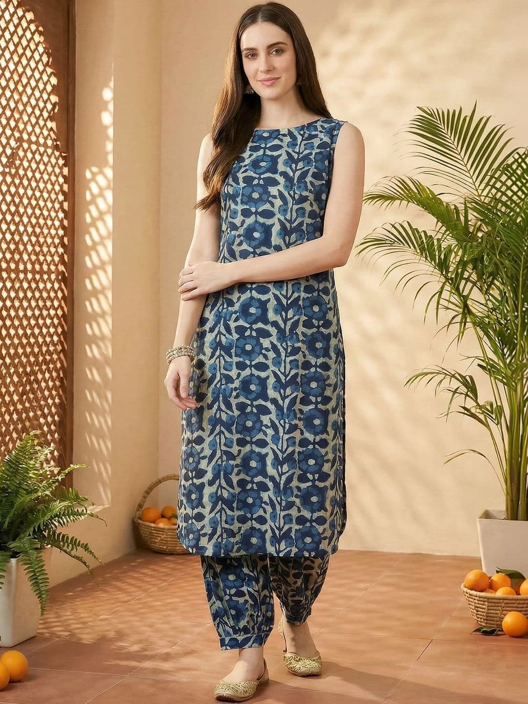 Indo Era Women Floral Printed Regular Pure Cotton Kurta with Patiala - view 1