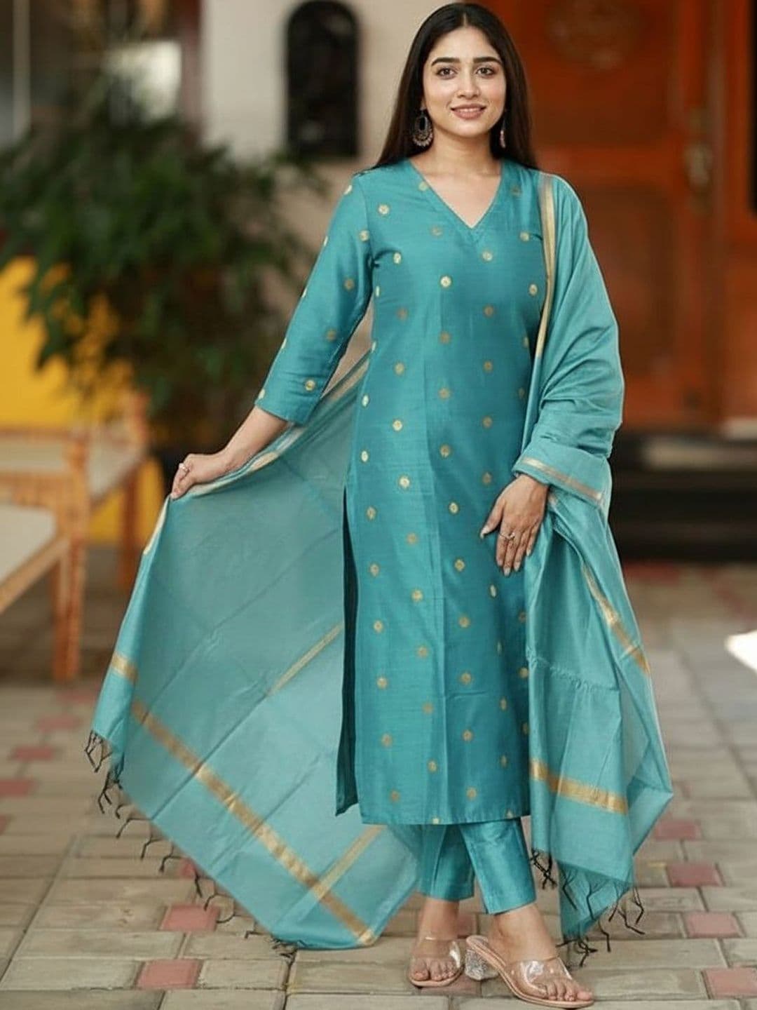 GoSriKi Women Ethnic Motifs Regular Kurta with Trousers & With Dupatta - view 1