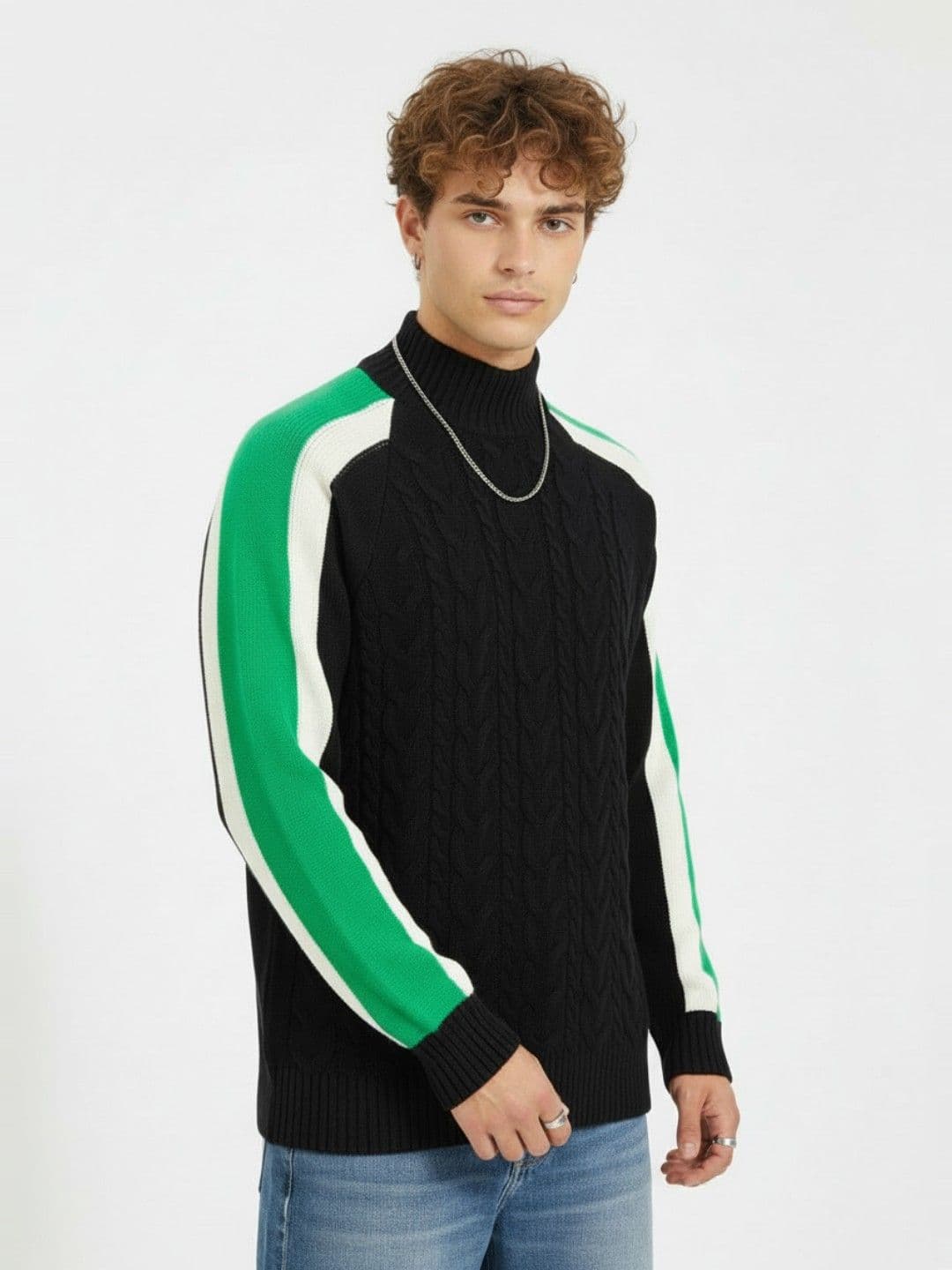 glitchez Cable Knit High Neck Relaxed Fit Pullover - view 1