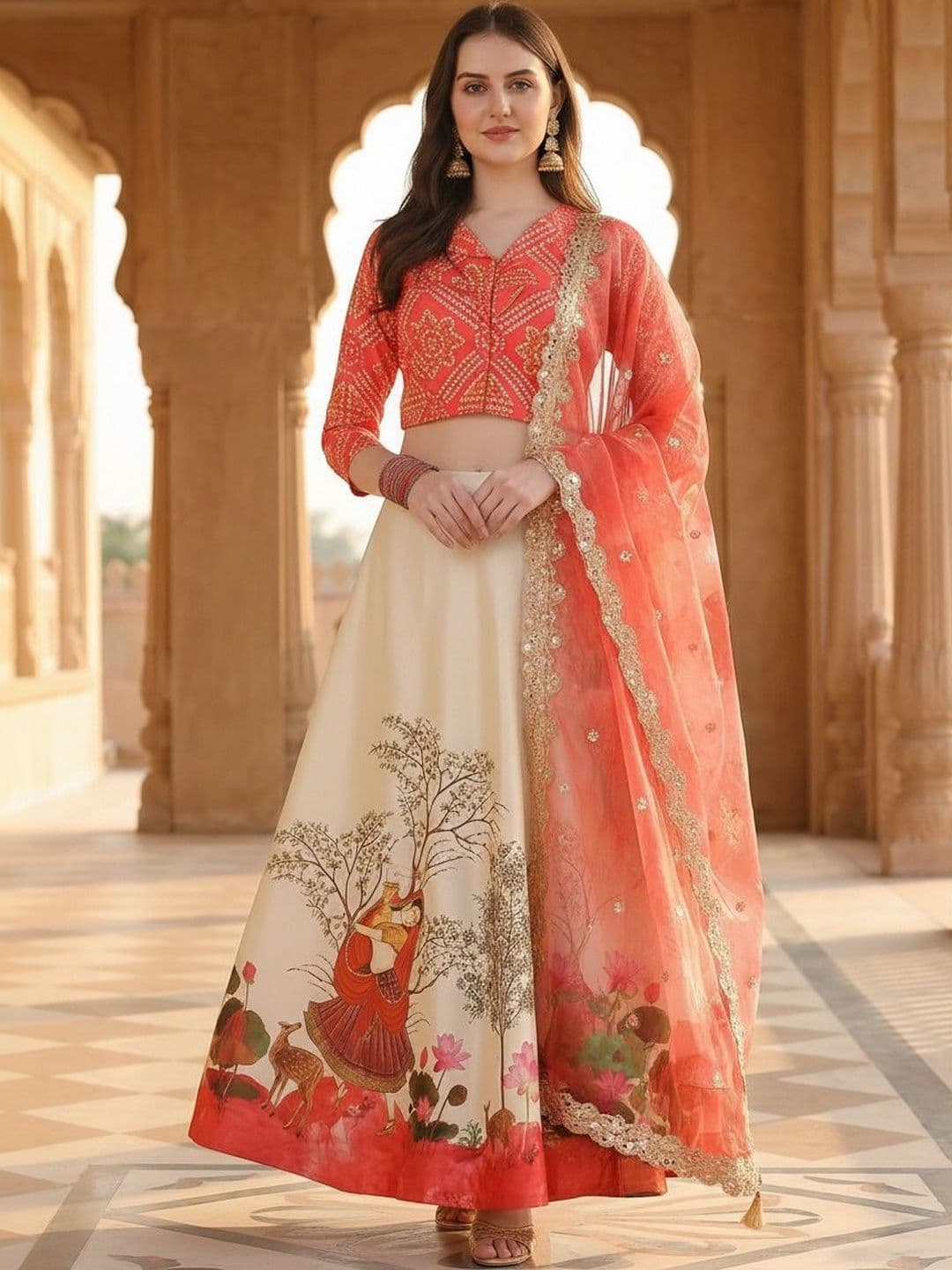 Kaizen TEXO FAB Printed Kalamkari Semi-Stitched Lehenga & Unstitched Blouse With Dupatta - view 1