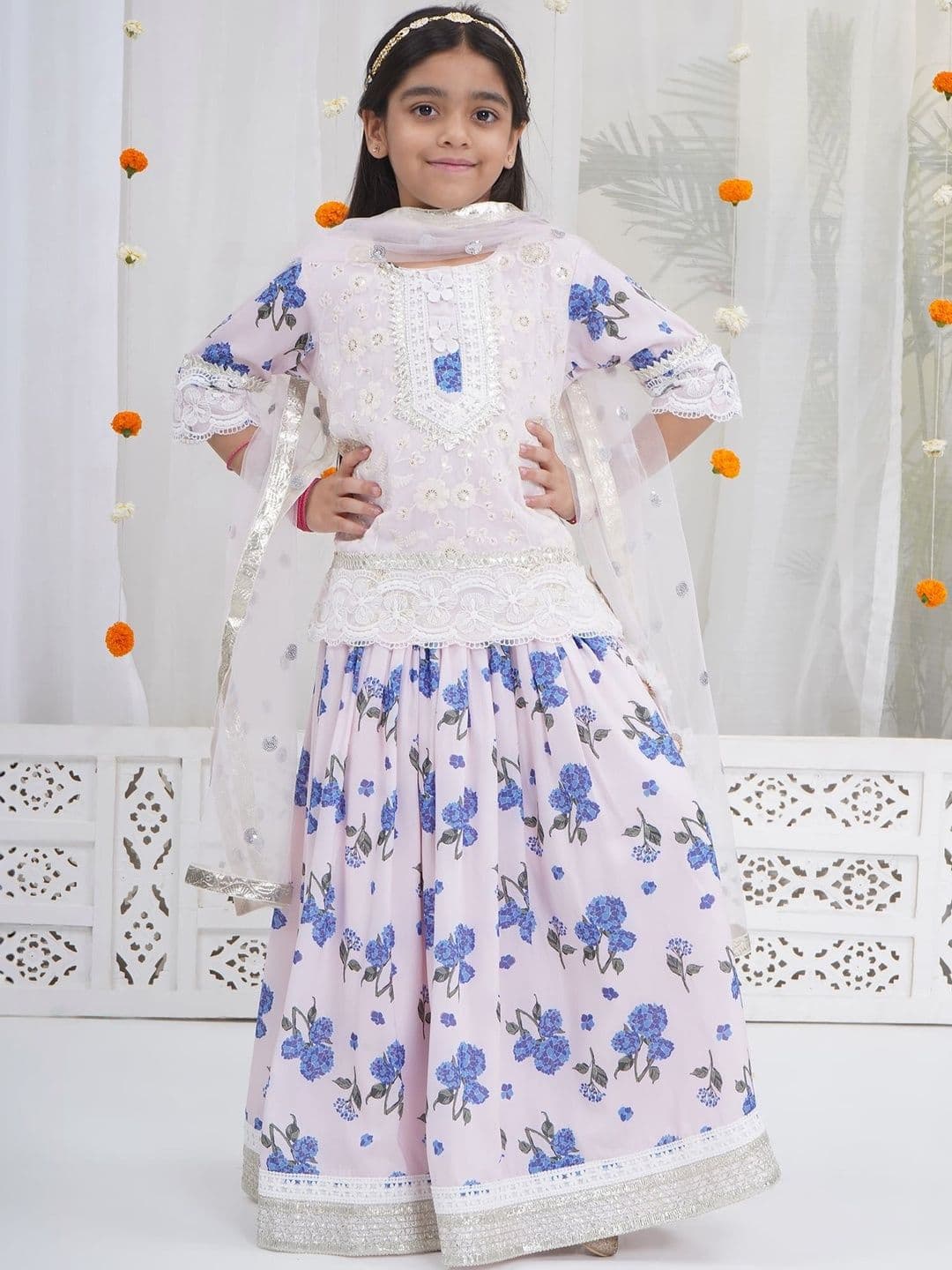 Little Bansi Embroidered Muslin Thread Work Lehenga Choli With Dupatta - view 1