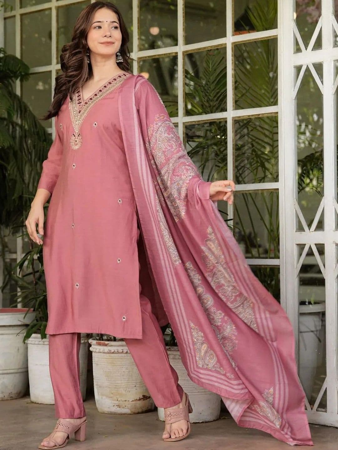 HERE&NOW Women Embroidered Regular Kurta with Trousers & With Dupatta - view 1