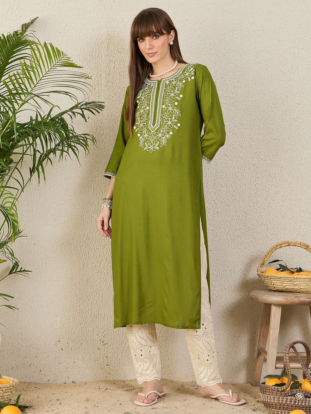 Indo Era Floral Embroidered Thread Work Round Neck Straight Kurta - view 1