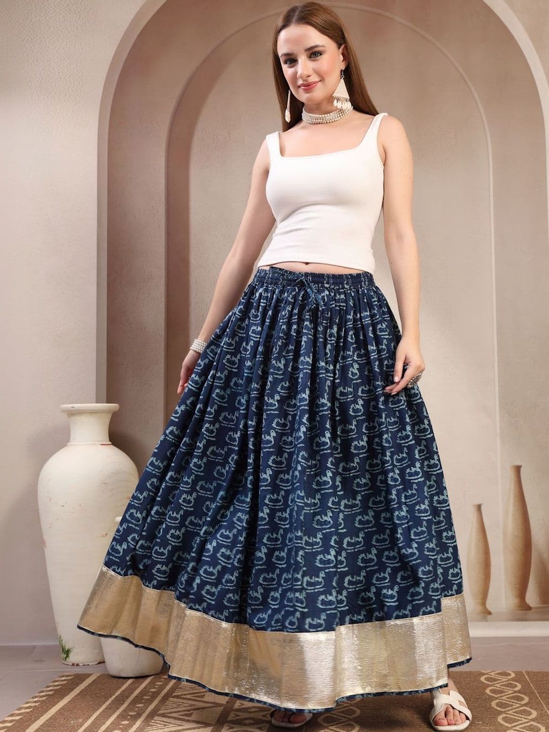 SUNEKH Self Design Cotton Maxi Flared Skirt - view 1