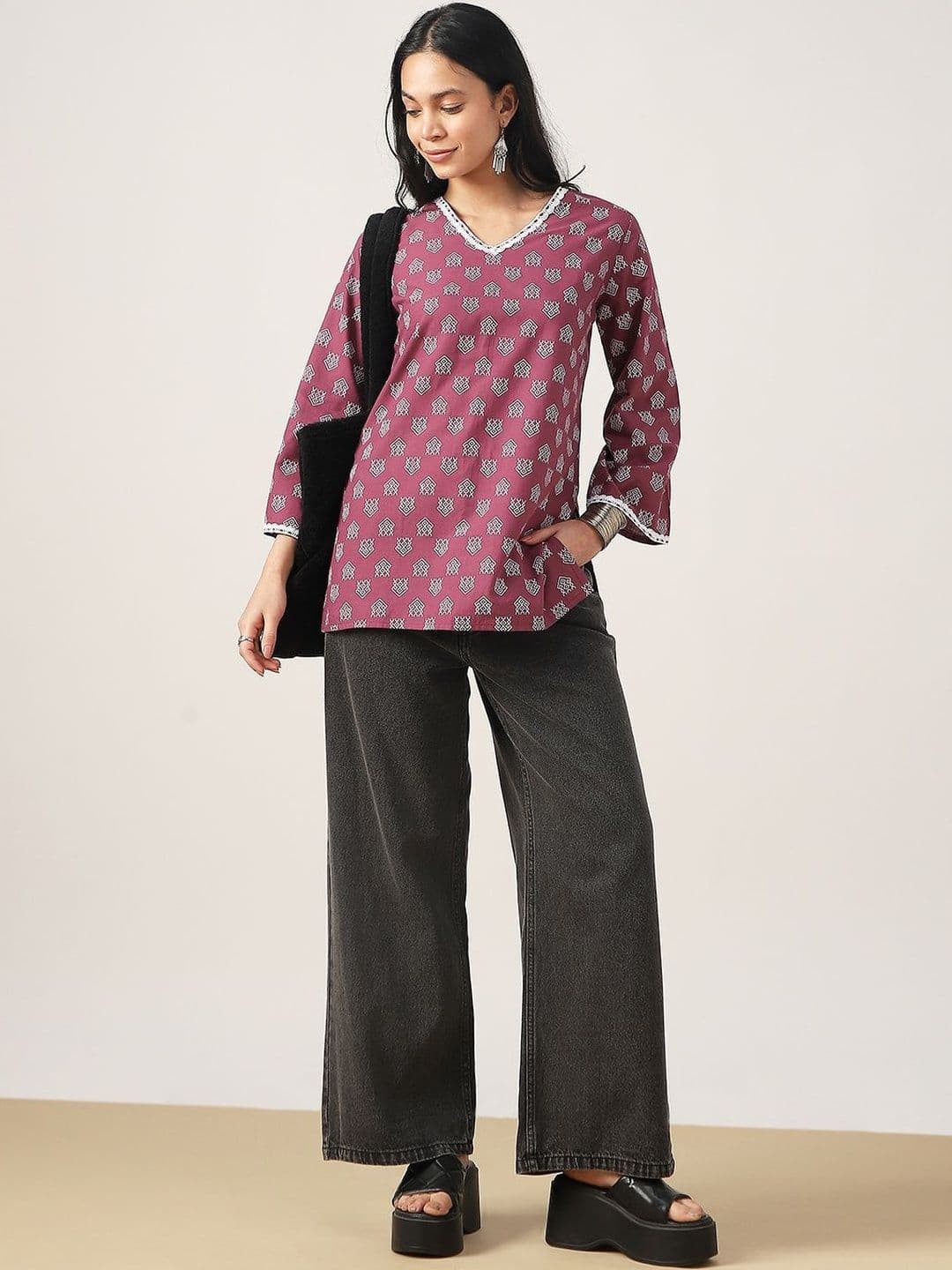BKApparels Geometric Printed V-Neck Pure Cotton Kurti - view 1
