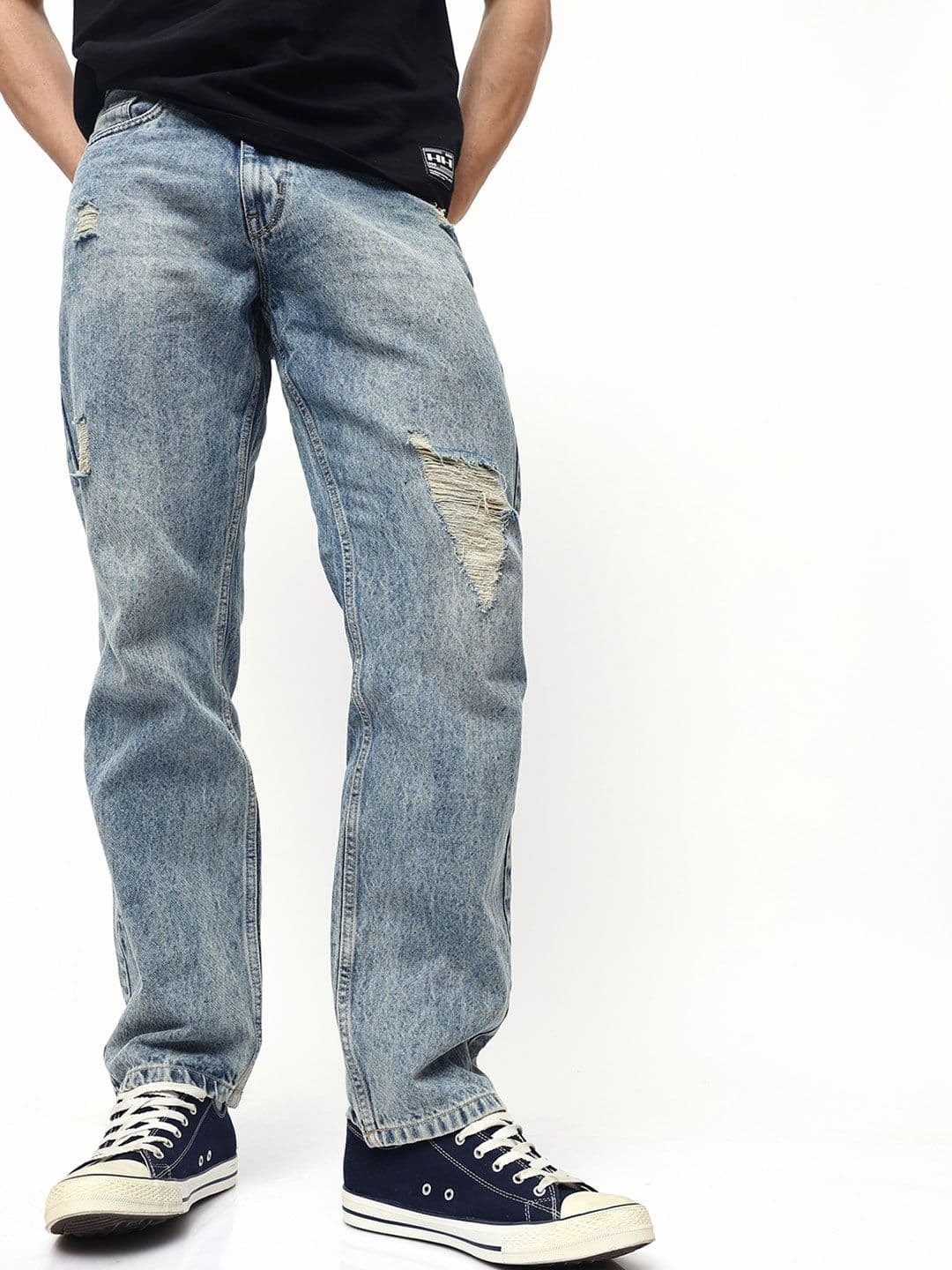 High Star Men Comfort Straight Fit High-Rise Highly Distressed Heavy Fade Jeans - view 1