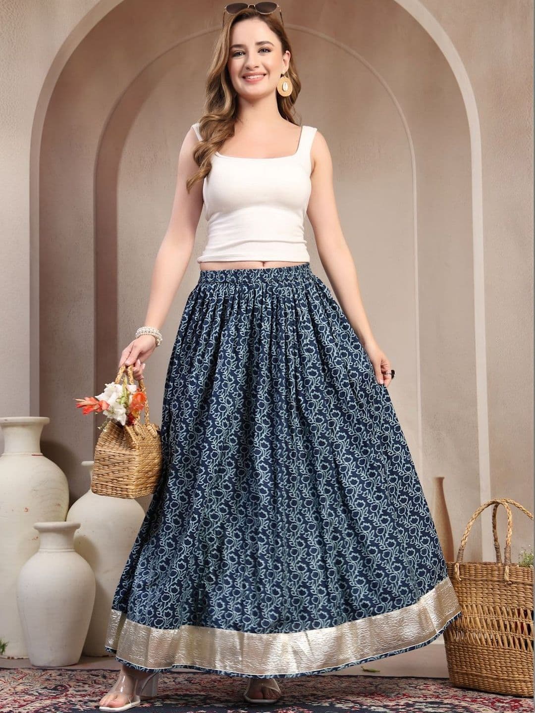 SUNEKH Self Design Cotton Maxi Flared Skirt - view 1