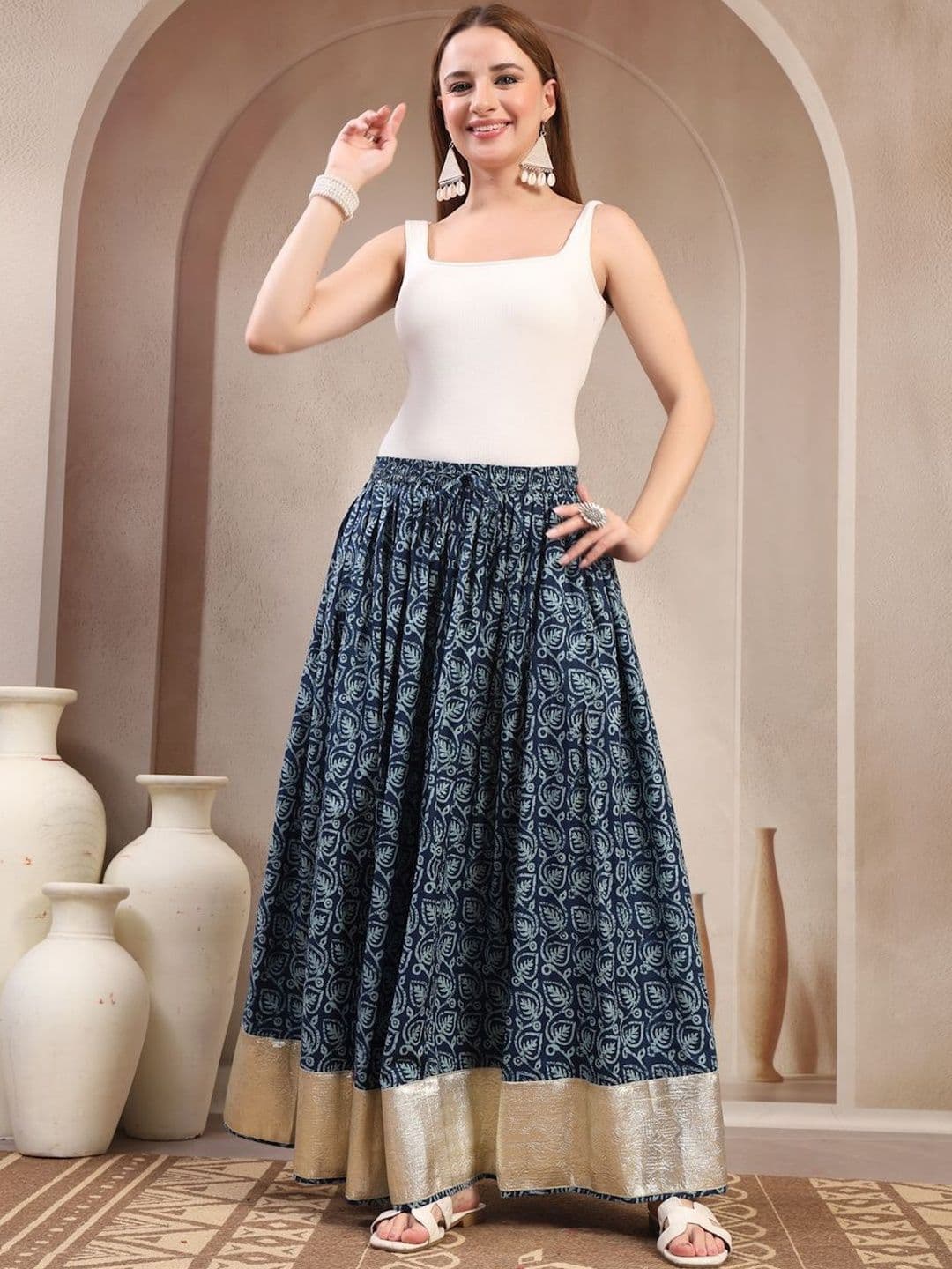 SUNEKH Self Design Cotton Maxi Flared Skirt - view 1