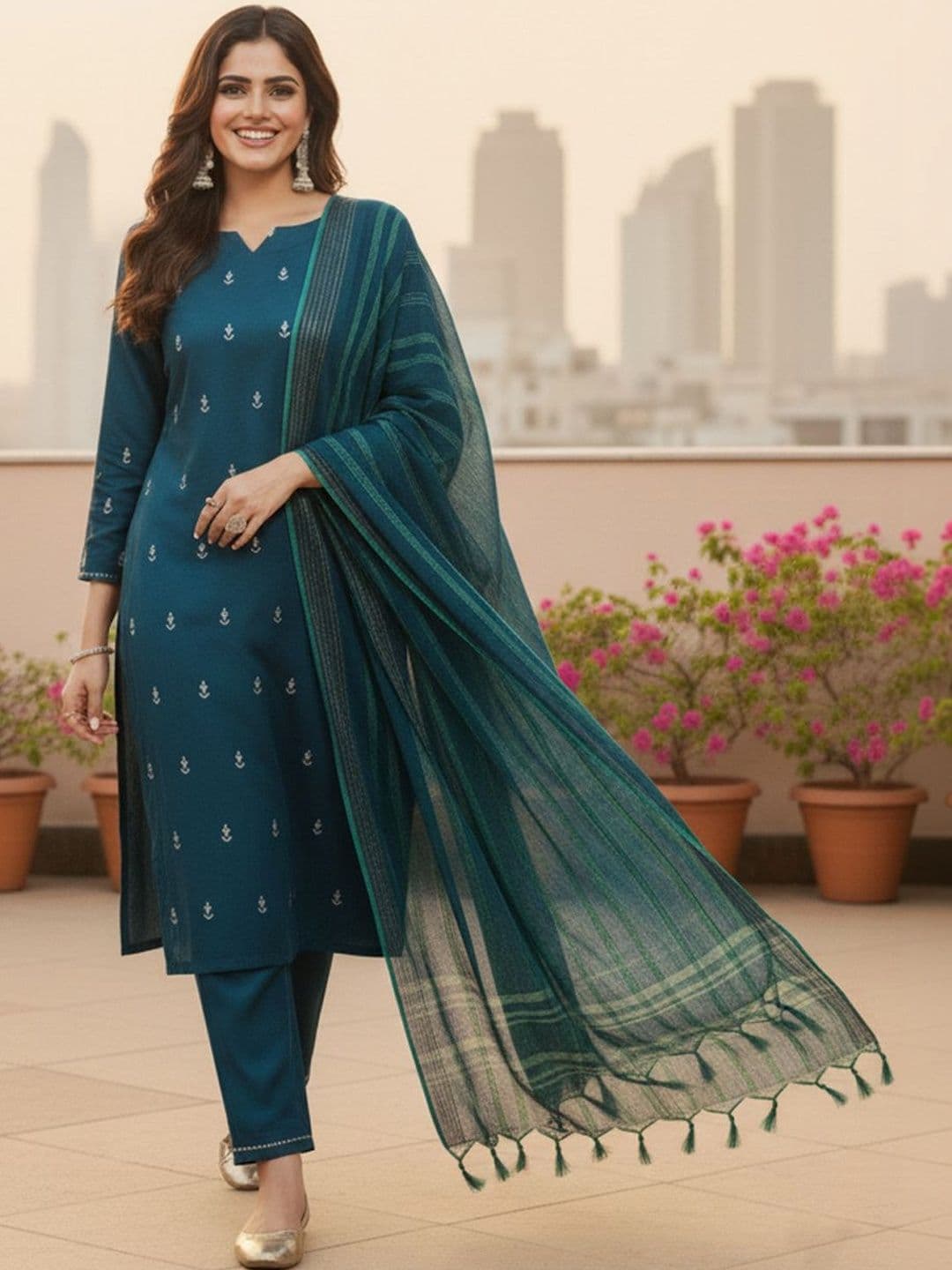 ARADHNA Women Ethnic Motifs Embroidered Regular Thread Work Kurta with Trousers & With Dupatta - view 1