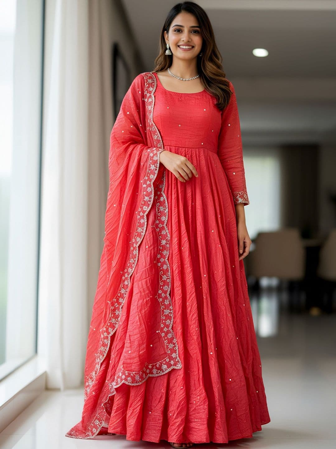Sangria Sequence Work Round Neck Anarkali Kurta & Trousers Kurta With Dupatta - view 1