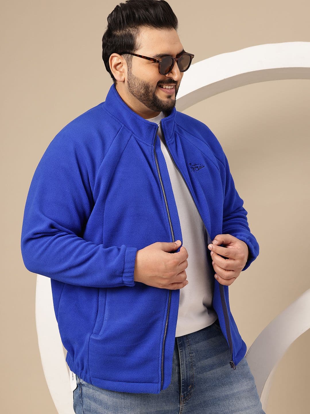 Sztori Plus Size Brand Logo Embroidered Mock Collar Fleece Bomber Jacket - view 1