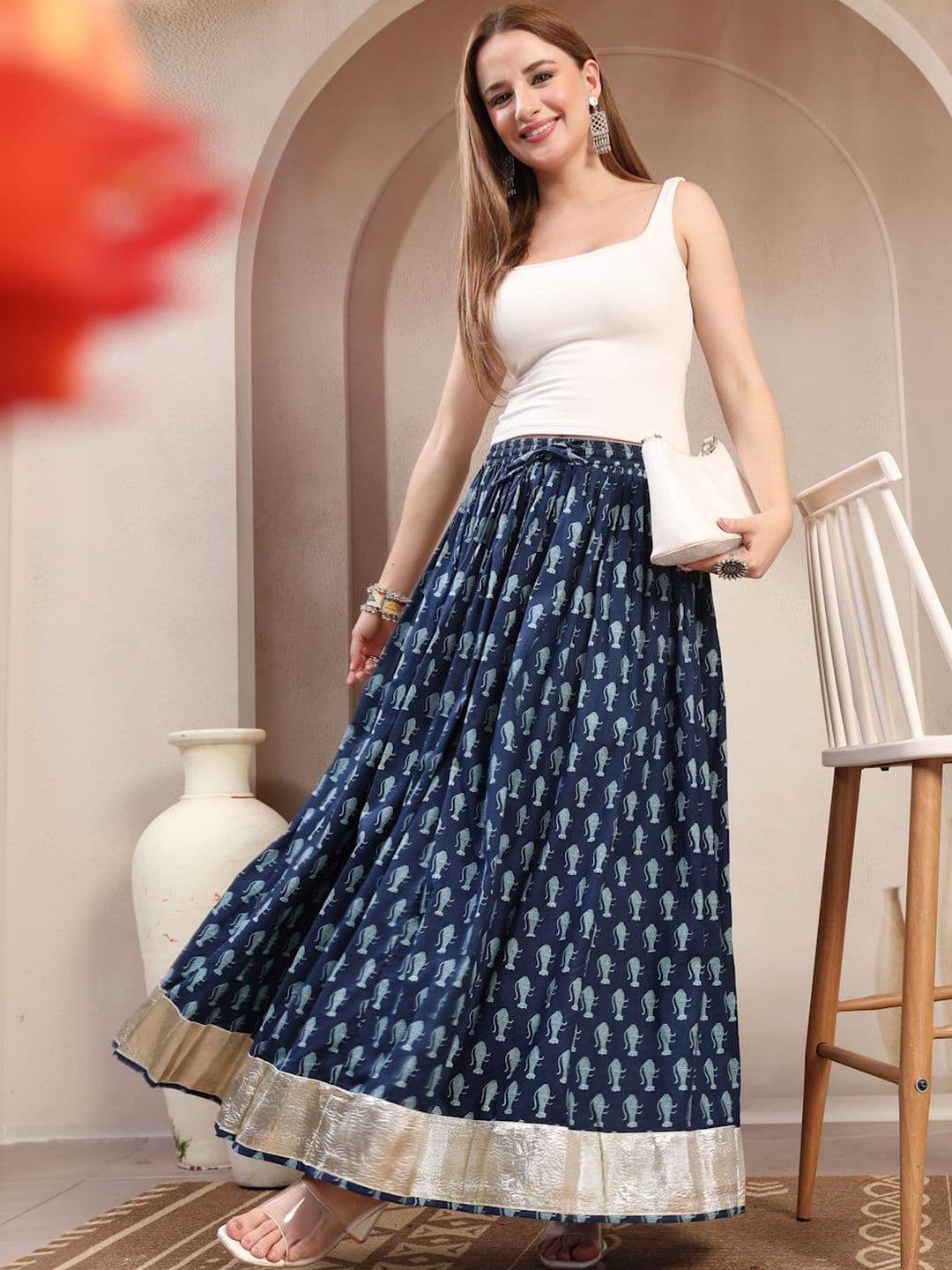 SUNEKH Self Design Cotton Flared Maxi Skirt - view 1