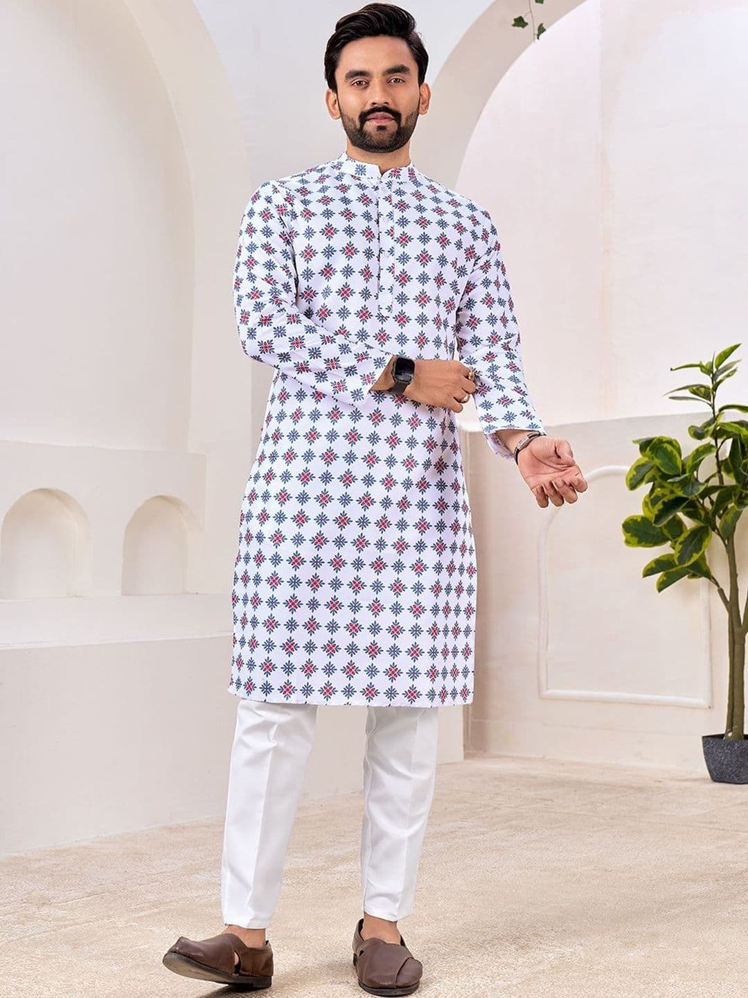 House of Pataudi Printed Pure Cotton Mandarin Collar Knee Length Straight Kurta - view 1