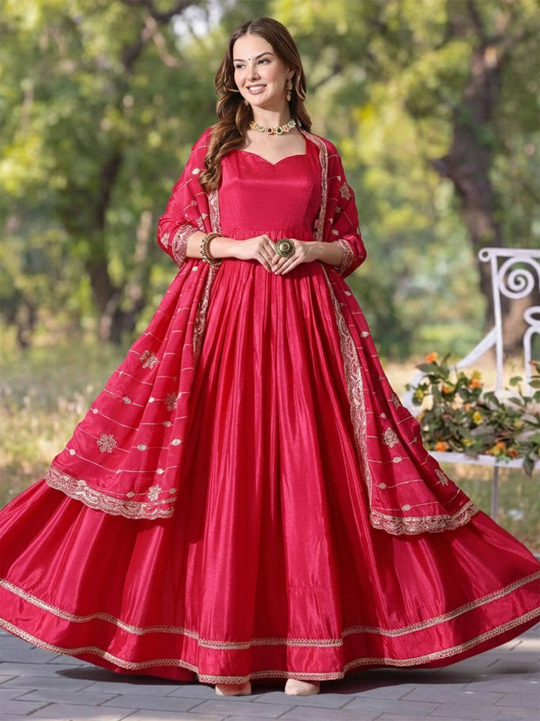 TextileNow Women Solid Flared Anarkali Style Ethnic Dress with Embroidered Dupatta - view 1