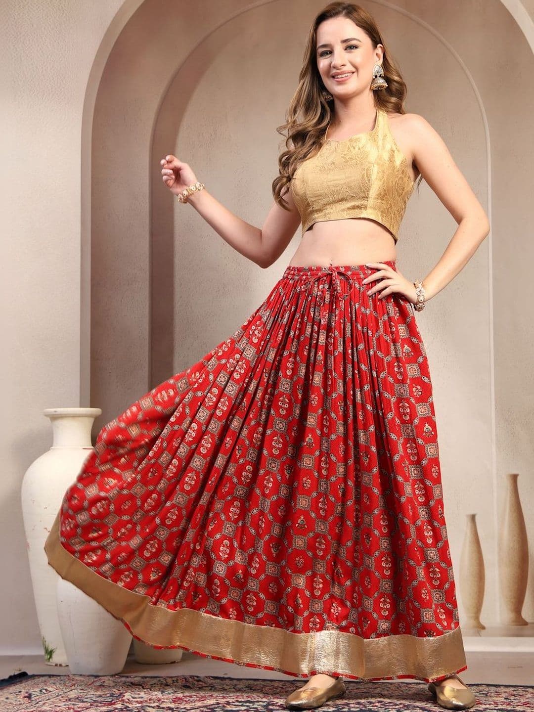 SUNEKH Self Design Cotton Maxi Flared Skirt - view 1