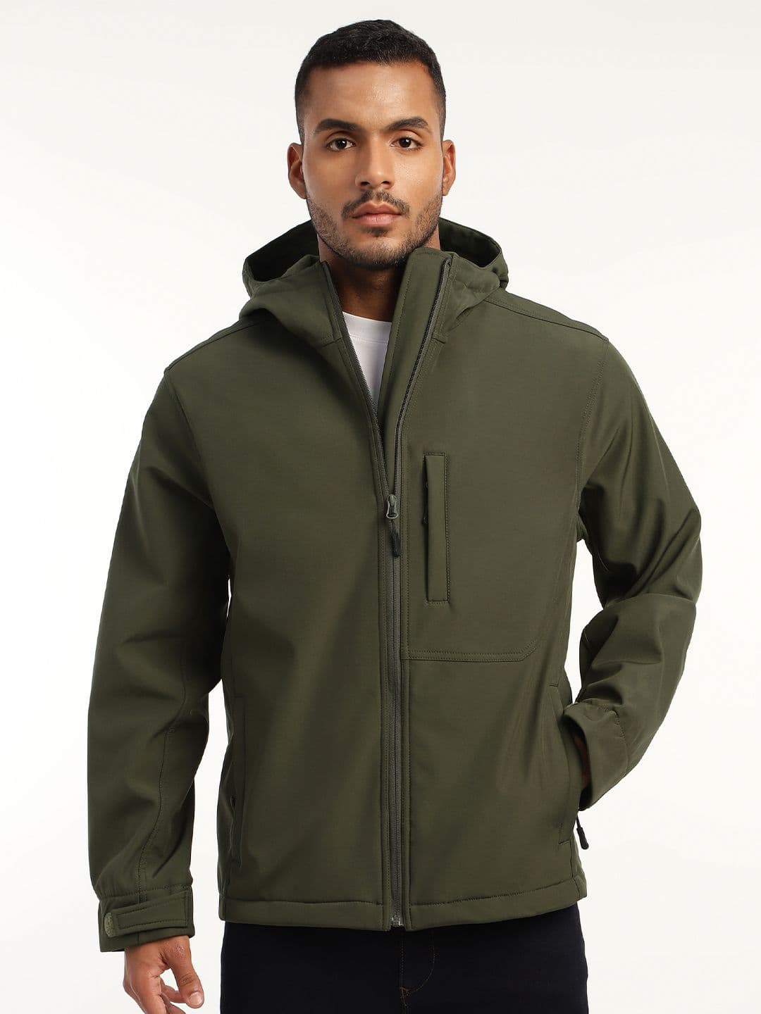 MOUNTMILLER Men's Full Sleeve Hooded Neck Olive Green DWR Tactical Soft Shell Jacket - view 1