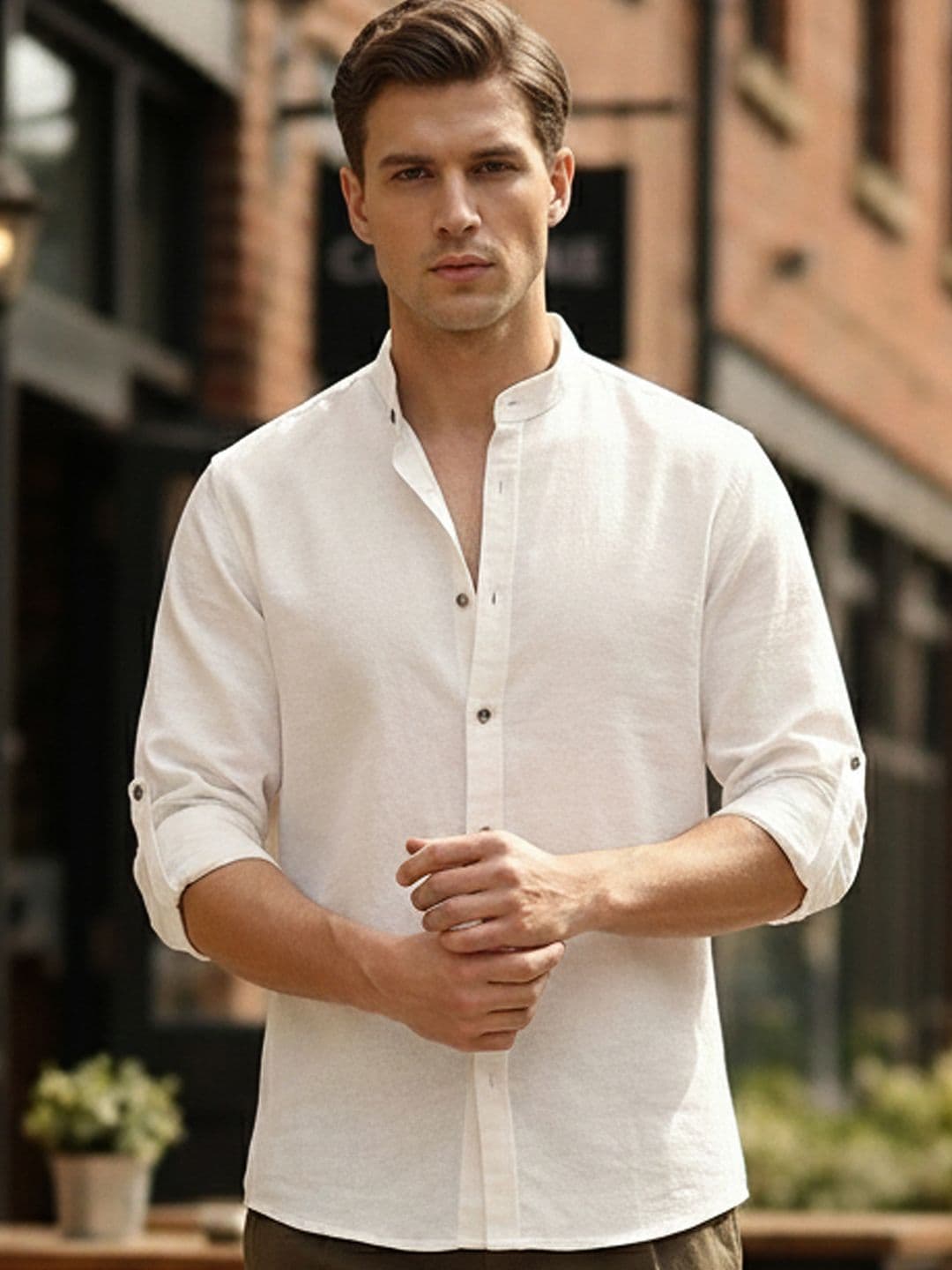 Urbano Fashion Men White Solid Linen Full Sleeve Relaxed Fit Mandarin Collar Casual Shirt - view 1