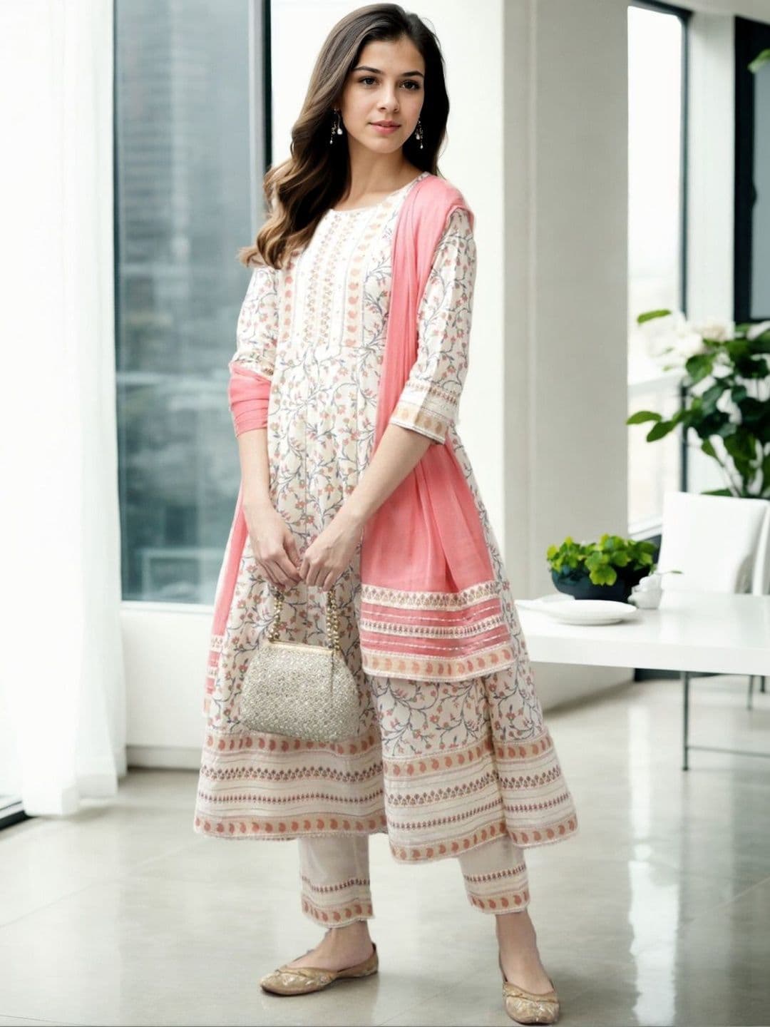 AMIRAS INDIAN ETHNIC WEAR Women Floral Printed Panelled Sequinned Pure Cotton Kurta Set - view 1