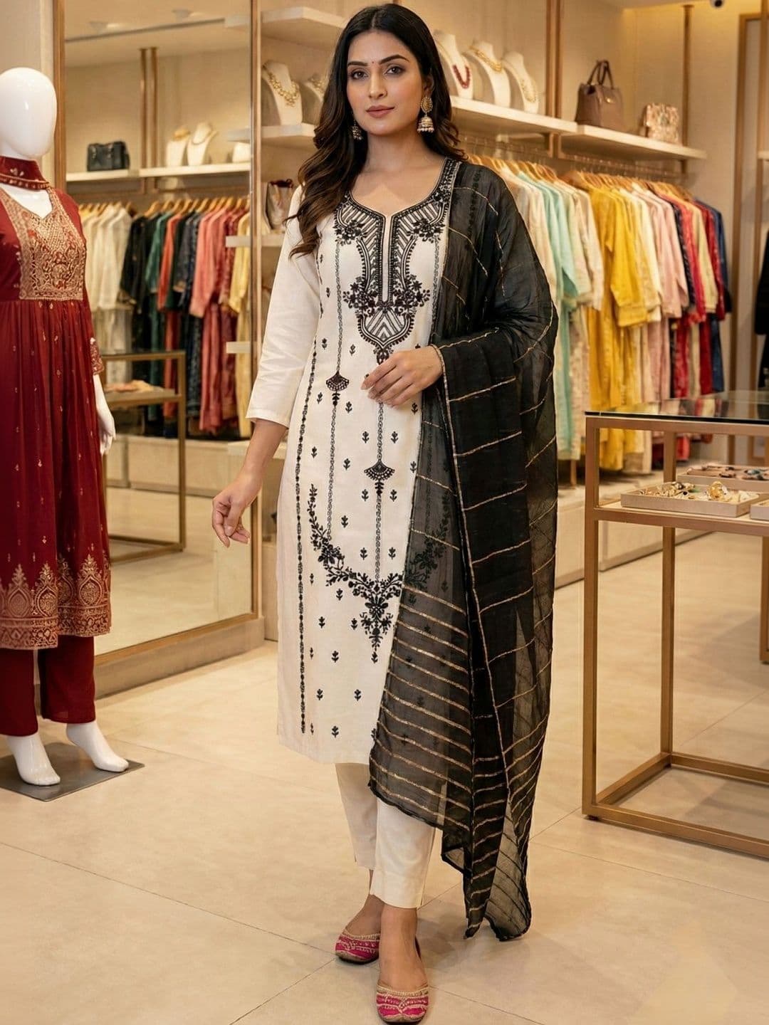 DSK STUDIO Ethnic Motifs Embroidered Thread Work Pure Cotton Kurta With Trousers & Dupatta - view 1