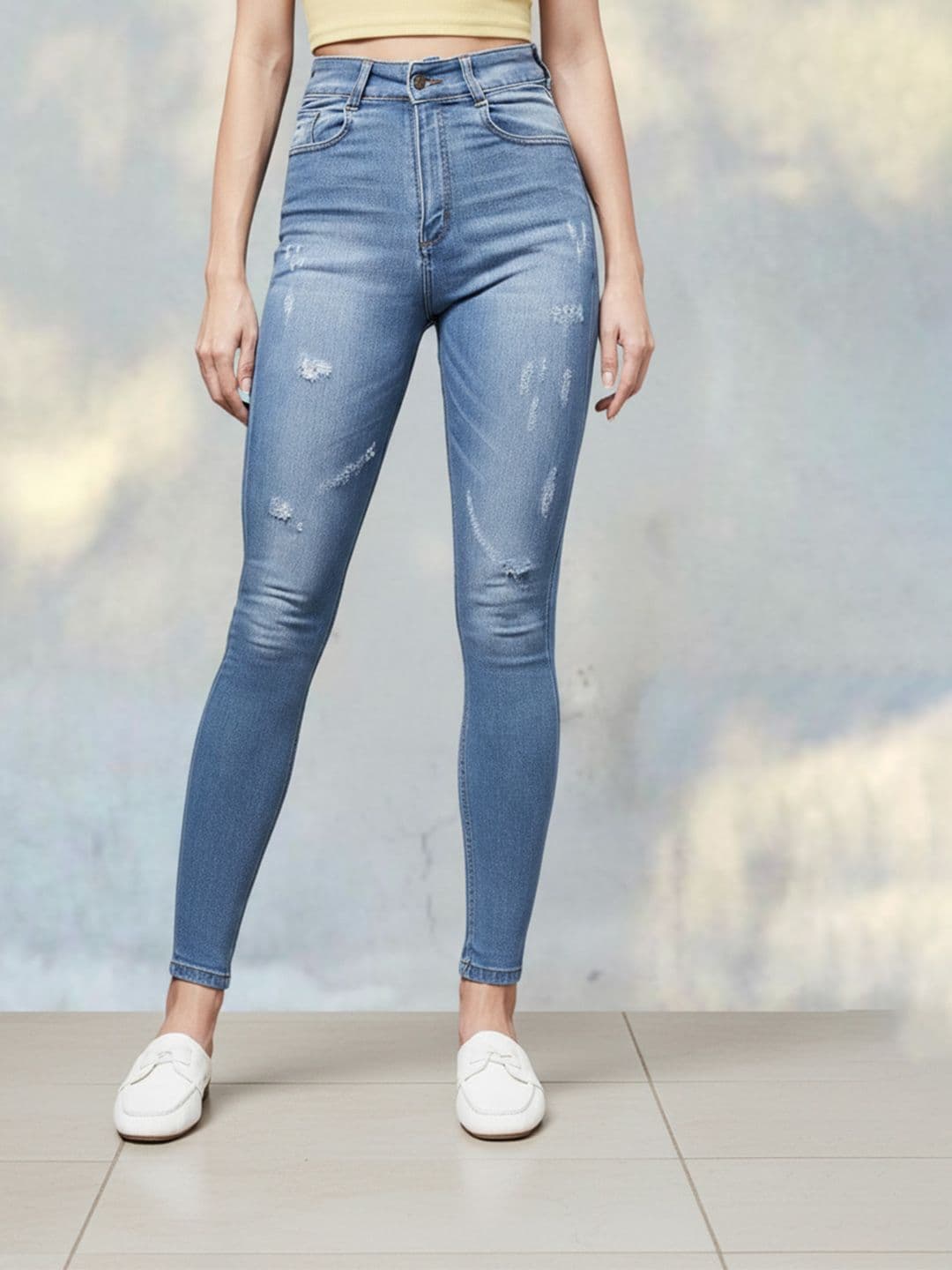 Mast & Harbour Women Skinny Fit High-Rise Mildly Distressed Light Fade Stretchable Jeans - view 1